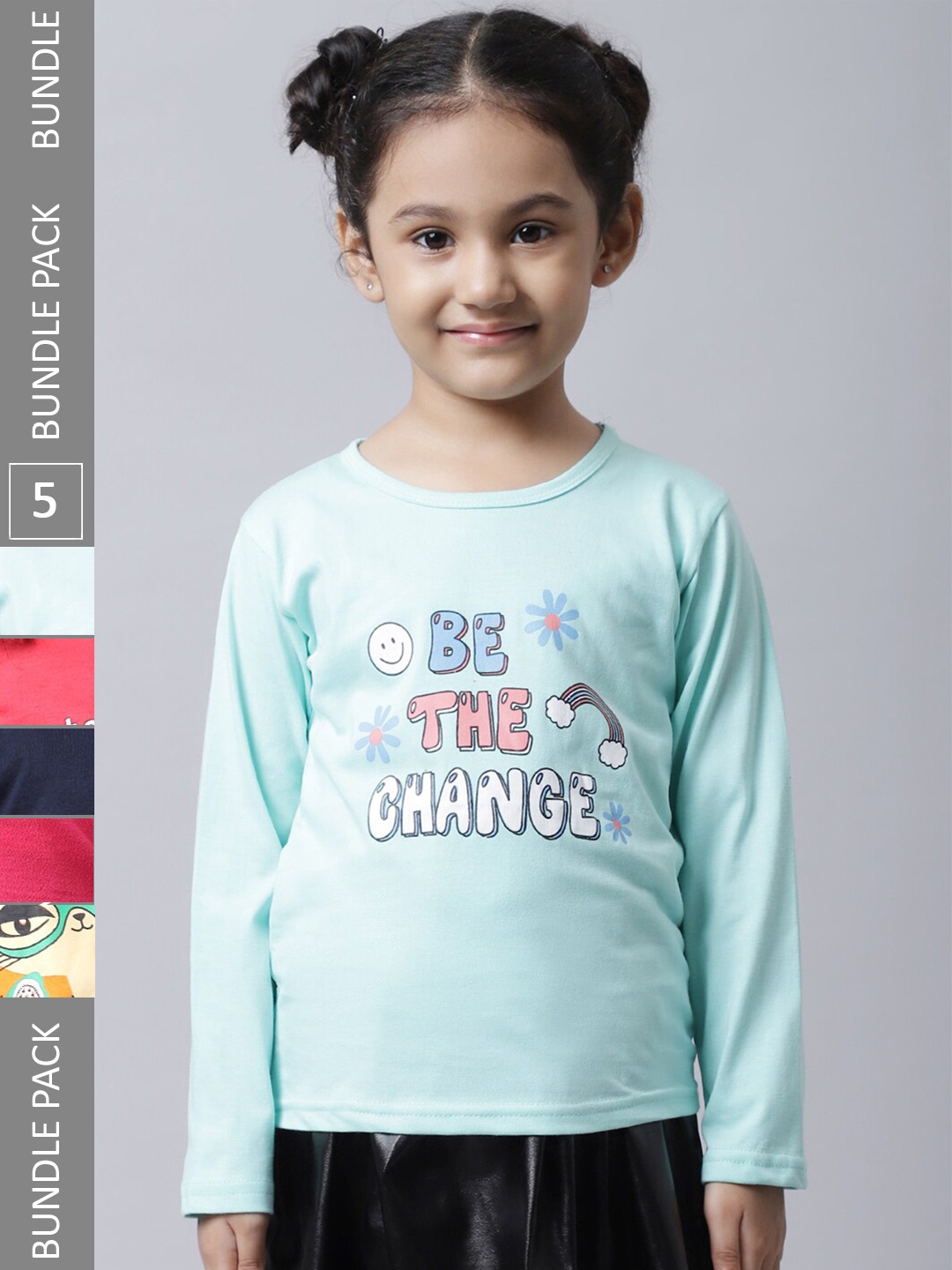 

BAESD Girls Pack Of 5 Printed Regular Fit Cotton Casual T-shirt, Turquoise blue