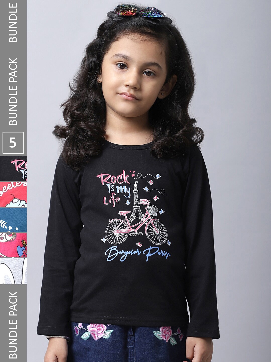 

BAESD Girls Pack Of 5 Printed Regular Fit Cotton Casual T-shirt, Black