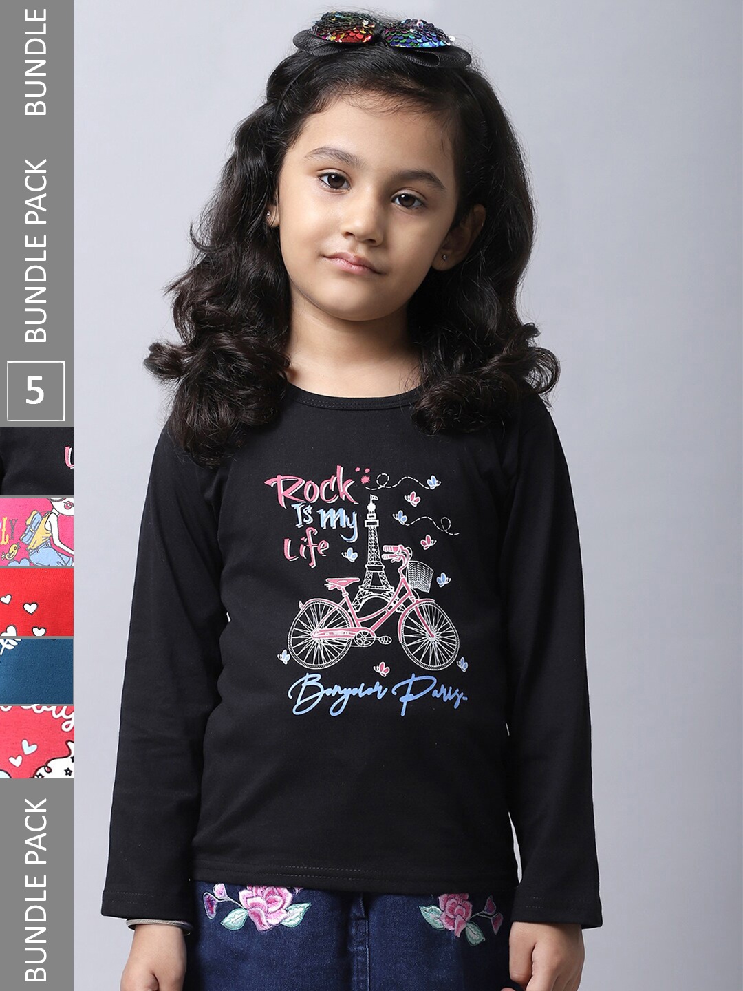 

BAESD Girls Pack Of 5 Printed Cotton T-shirts, Black