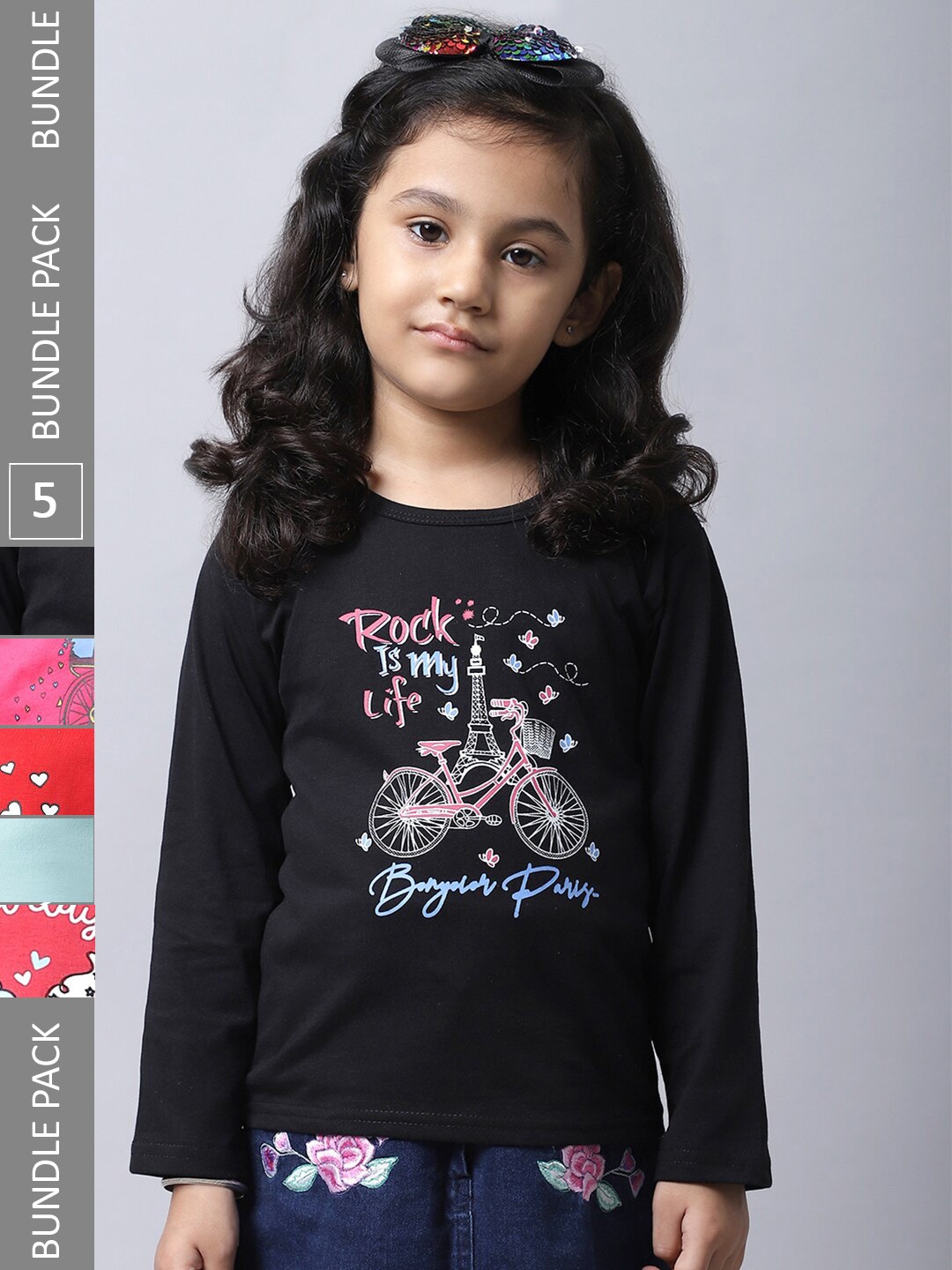 

BAESD Girls Pack Of 5 Printed Regular Fit Cotton Casual T-shirt, Black