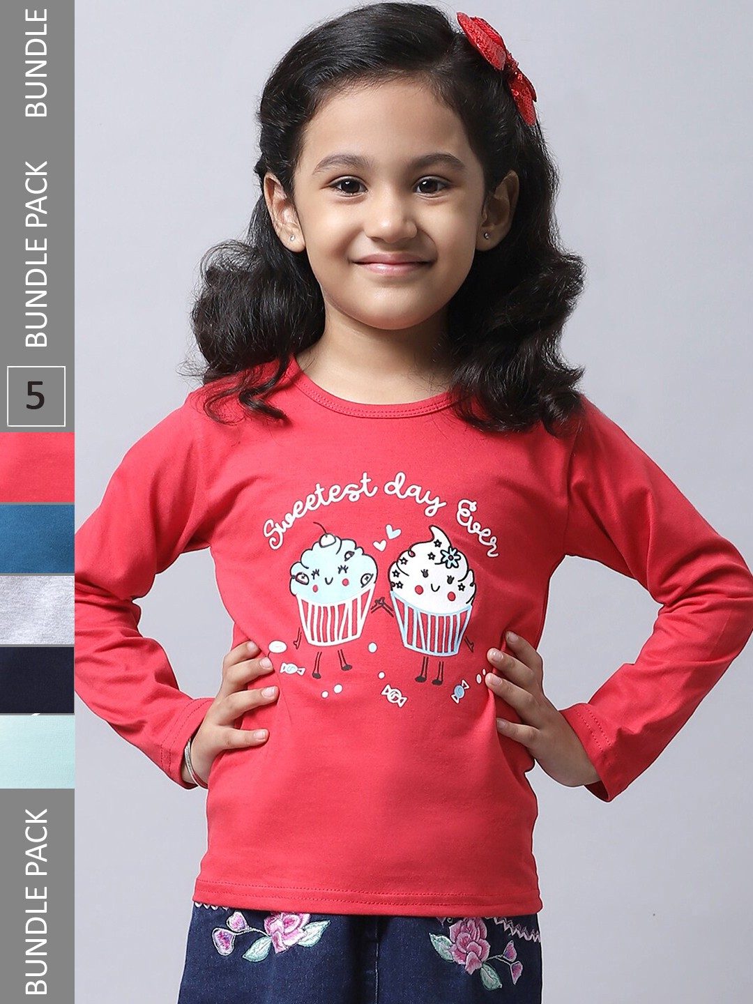 

BAESD Girls Pack Of 5 Printed Cotton T-shirts, Red