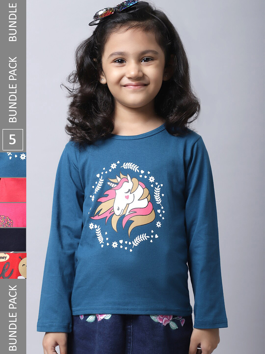 

BAESD Girls Pack Of 5 Printed Regular Fit Cotton Casual T-shirt, Blue