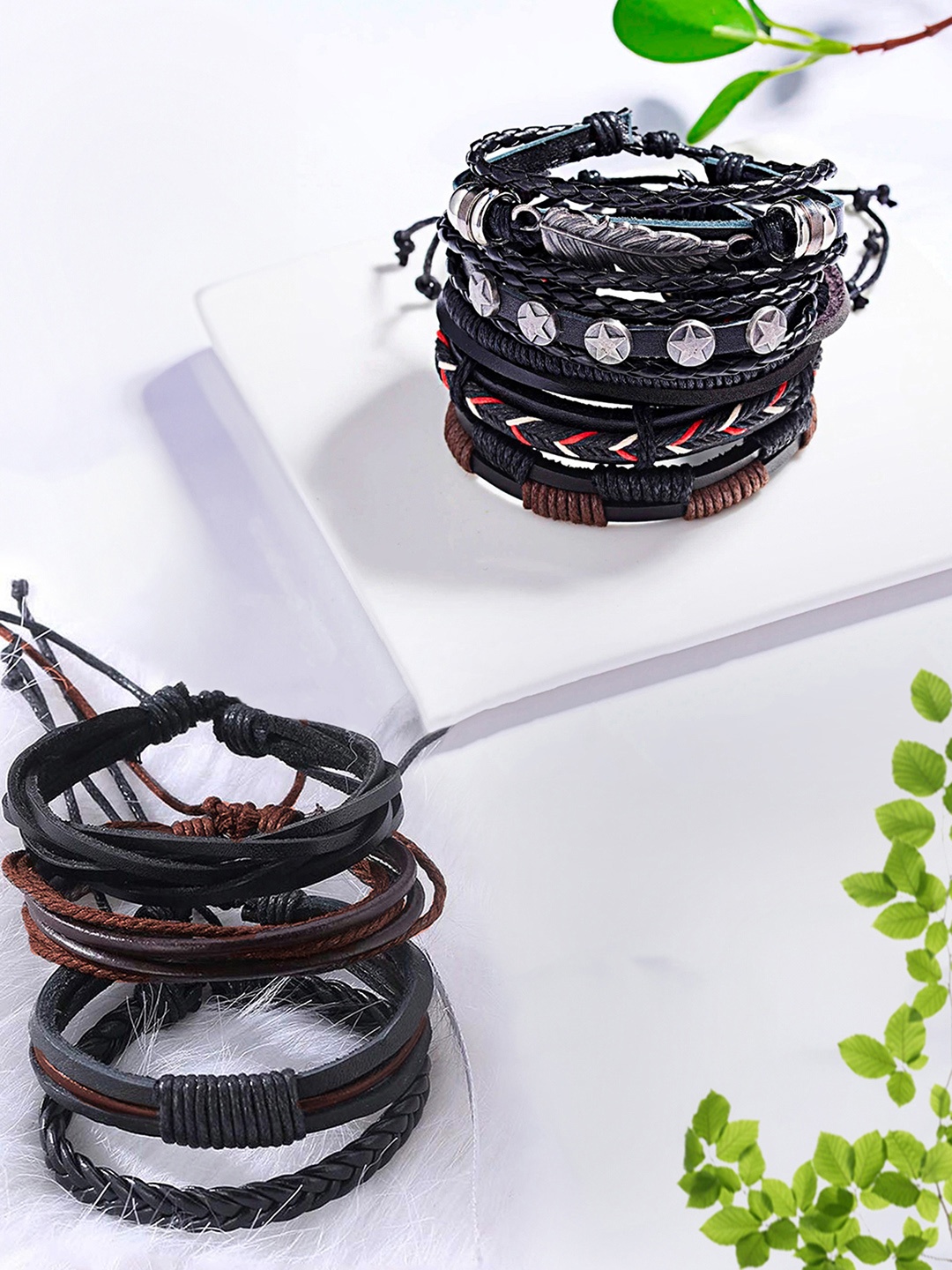 

Yellow Chimes Men Set Of 2 Multistrand Bracelet, Black