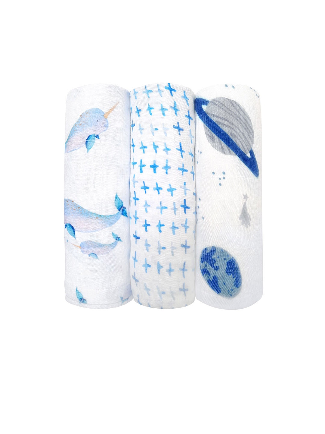 

Masilo Set Of 3 Printed Pure Bamboo Cotton Muslin Swaddle, Blue