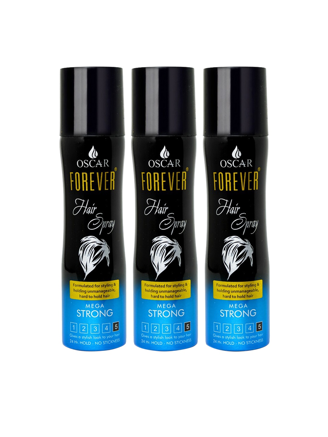 

OSCAR Set of 3 Forever 24Hr Hold Hair Spray 135 ml each - Mega Strong, Blue