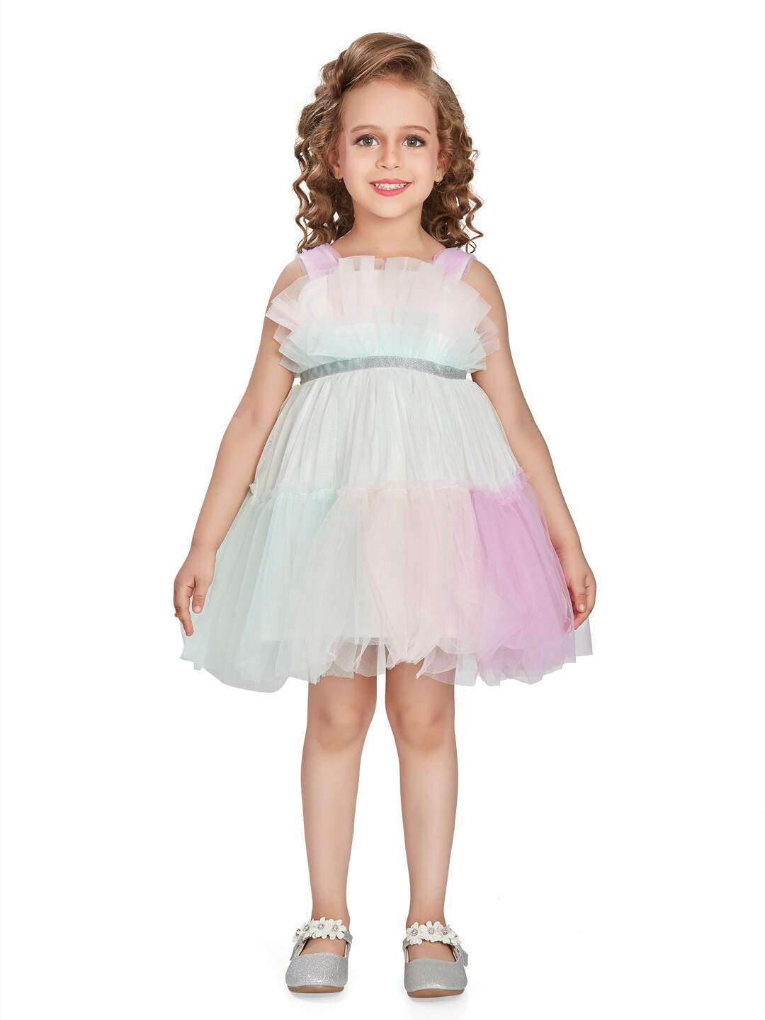 

Peppermint Girls Shoulder Straps Ruffles Detail Tiered Fit & Flare Dress, White