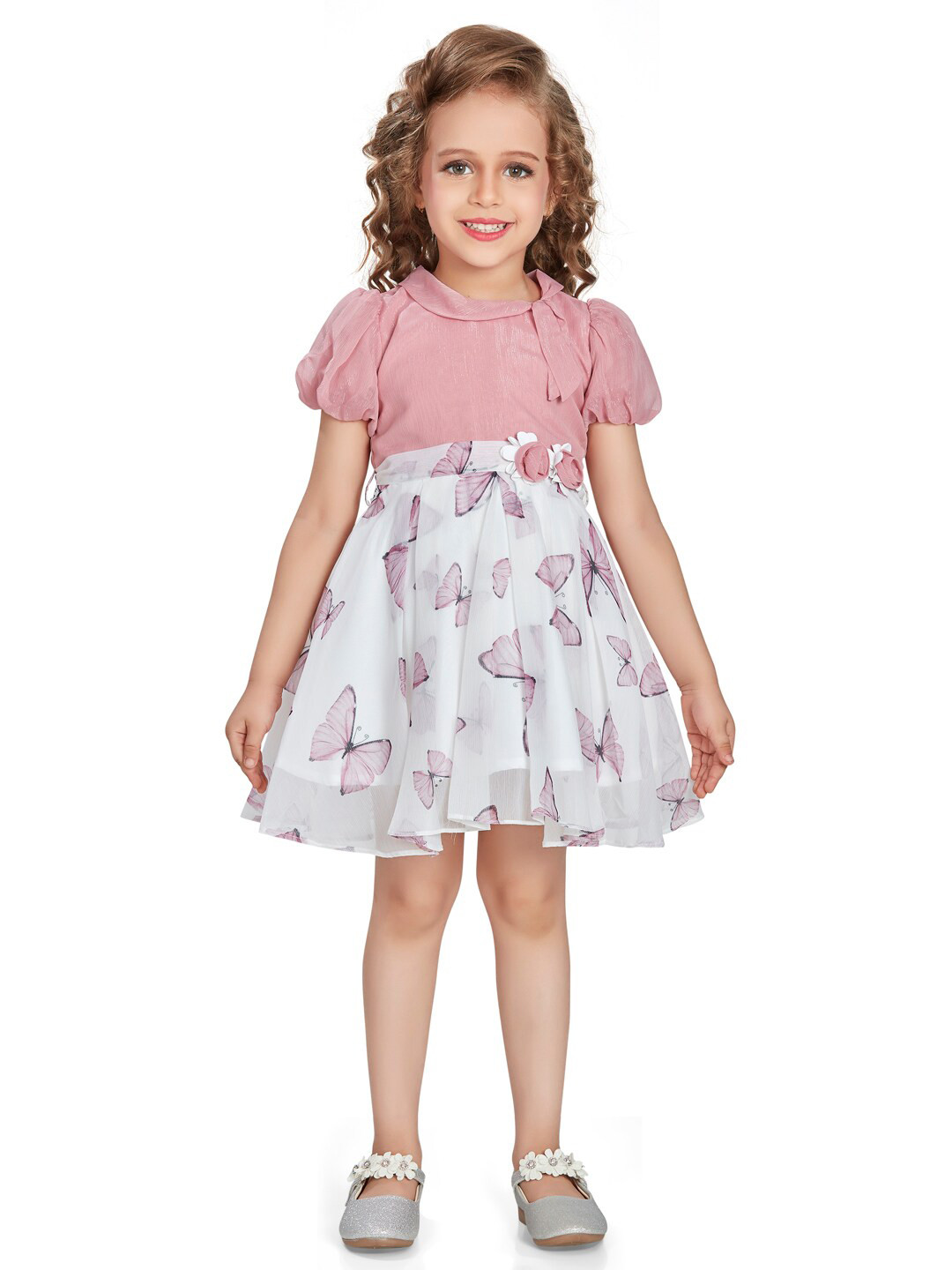 

Peppermint Girls Conversational Printed Tie-Up Neck Puff Sleeves Fit & Flare Dress, Pink