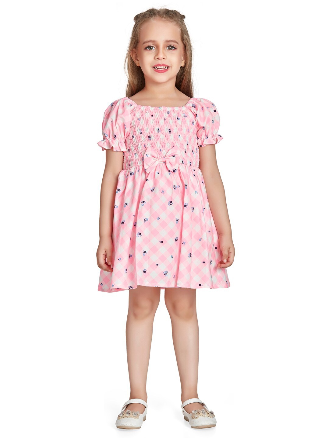 

Peppermint Girls Checked Puff Sleeves Smocked Detail Cotton Fit & Flare Dress, Pink