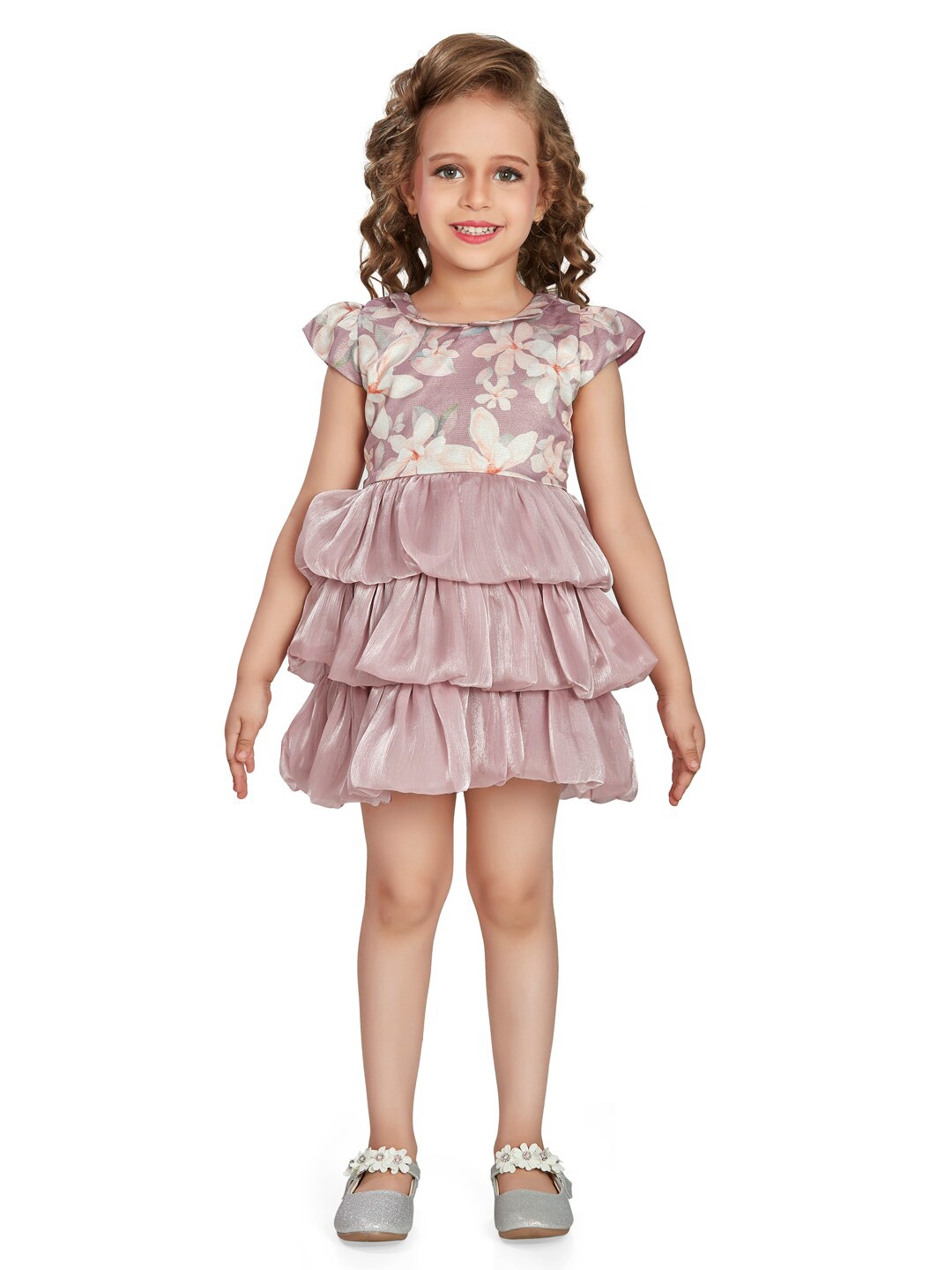 

Peppermint Girls Floral Printed Peter Pan Collar Puff Sleeves Layered Fit & Flare Dress, Pink