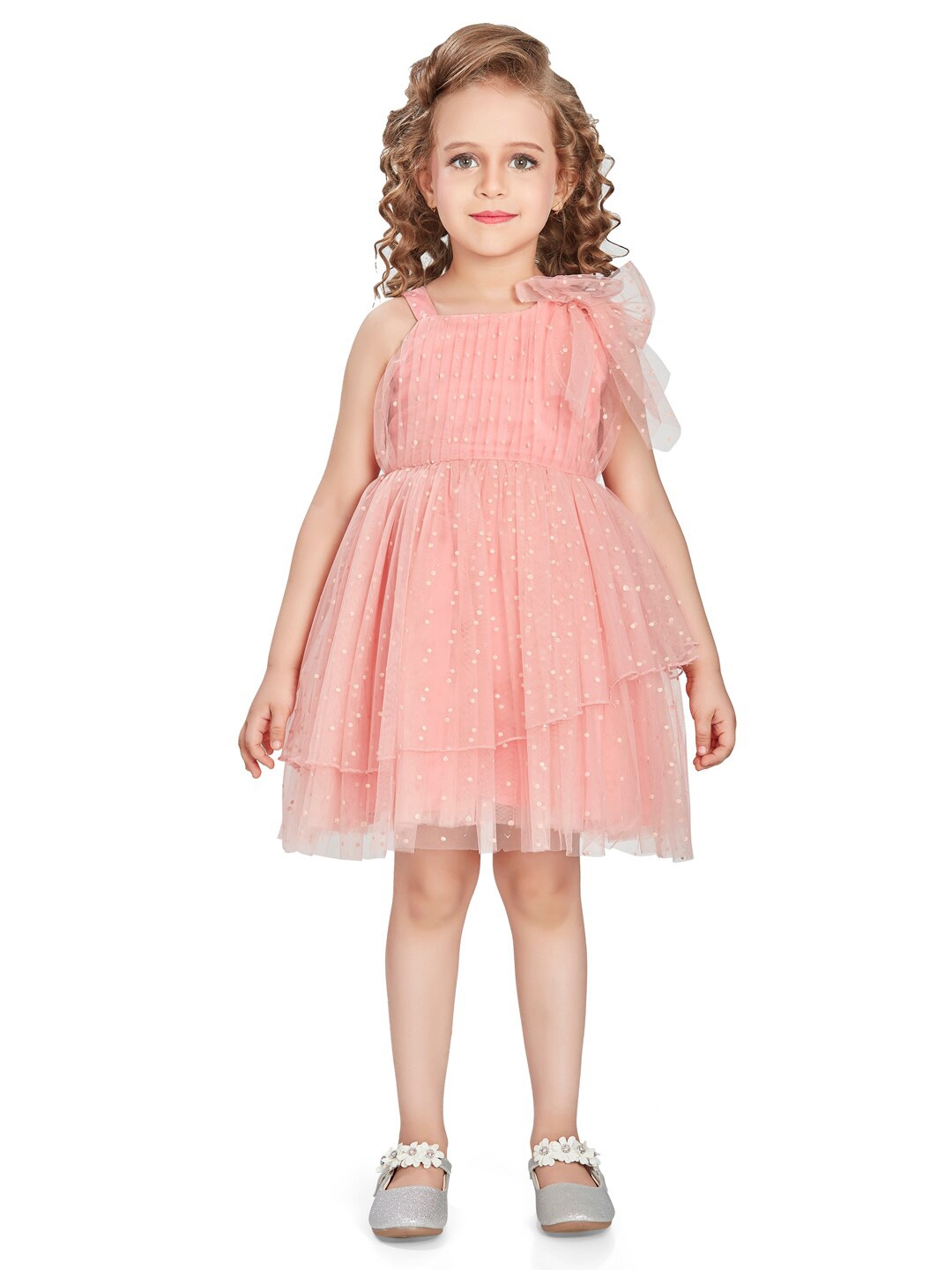 

Peppermint Girls Shoulder Straps Polka Dots Printed Layered Fit & Flare Dress, Peach