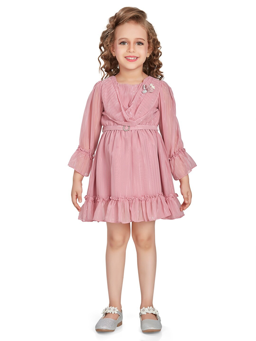 

Peppermint Girls Bell Sleeves Ruffles Detail Fit & Flare Dress, Pink