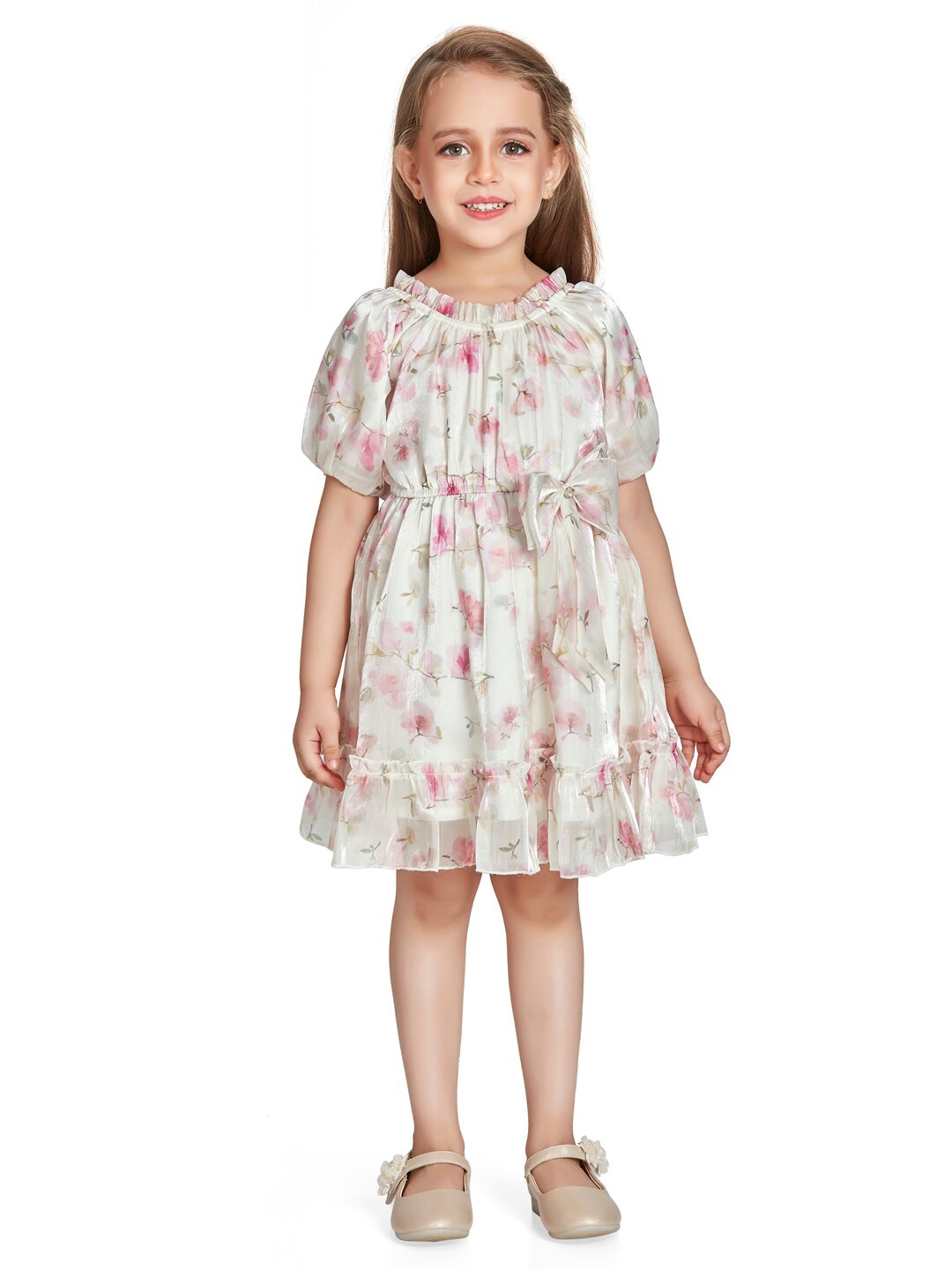 

Peppermint Girls Floral Printed Puff Sleeves Accordion Pleated Fit & Flare Dress, Cream