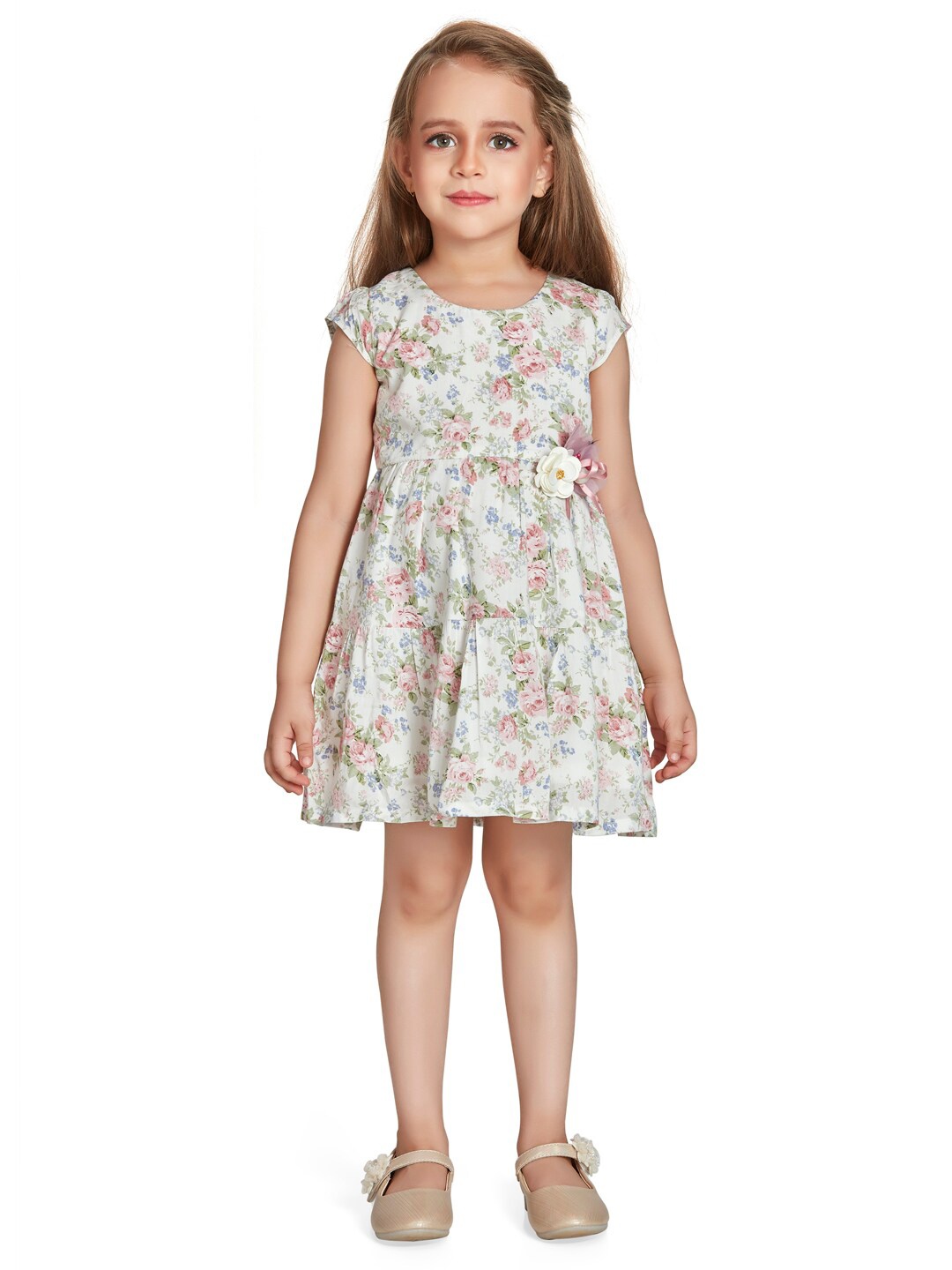 

Peppermint Girls Floral Printed Round Neck Gathered Cotton Fit & Flare Dress, White