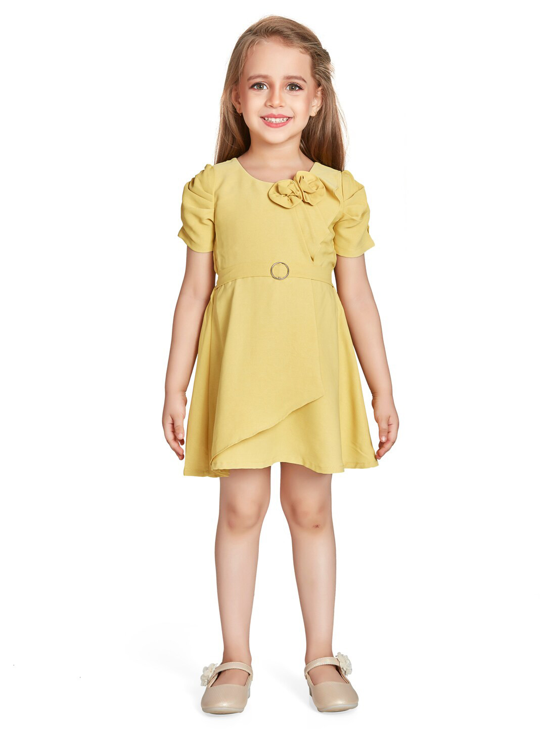 

Peppermint Girls Puff Sleeve Layered Fit & Flare Dress, Mustard