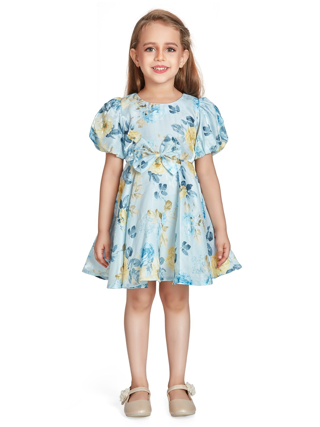 

Peppermint Girls Floral Printed Puff Sleeves Gathered A-Line Dress, Blue