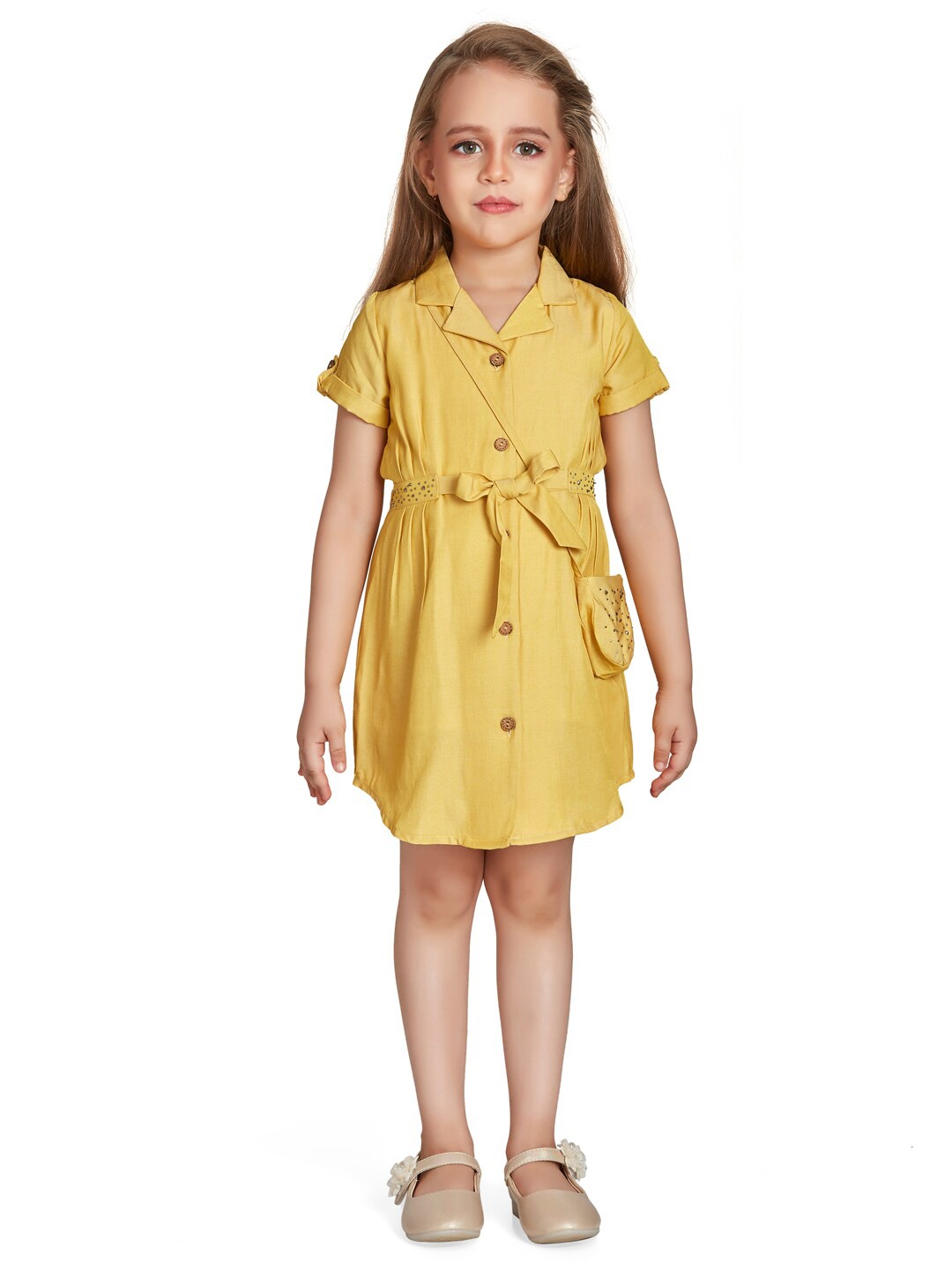 

Peppermint Girls Cuban Collar Belted Cotton A-Line Dress With Sling Bag, Mustard