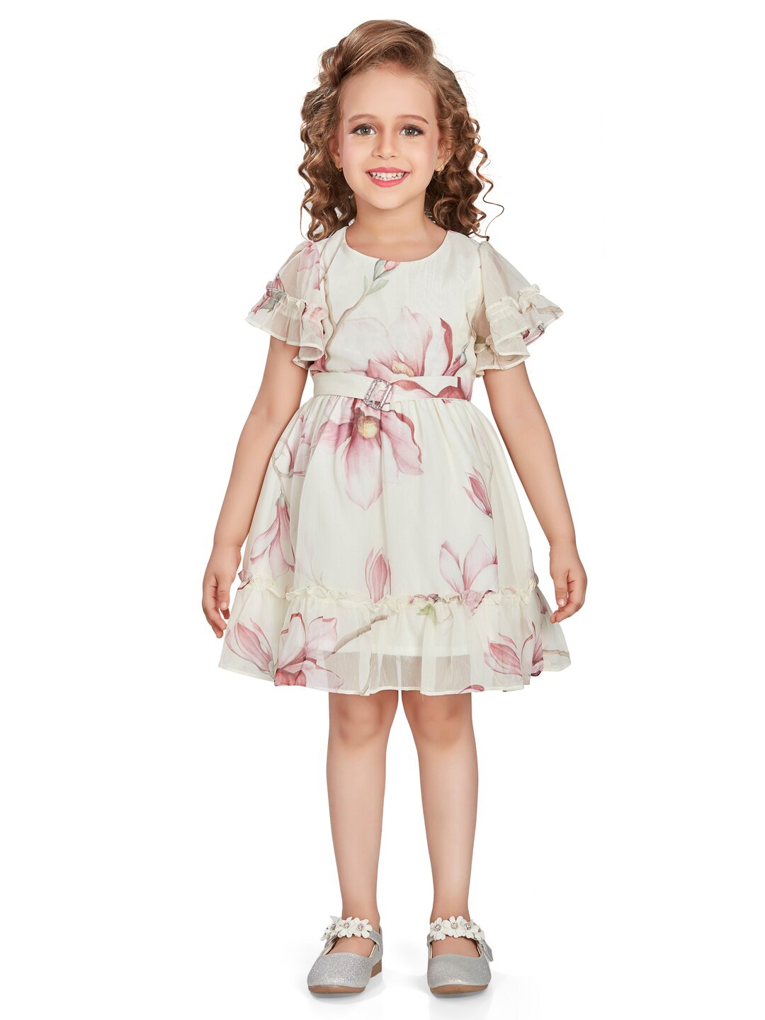 

Peppermint Girls Floral Printed Flared Sleeves Gathered A-Line Dress, Cream