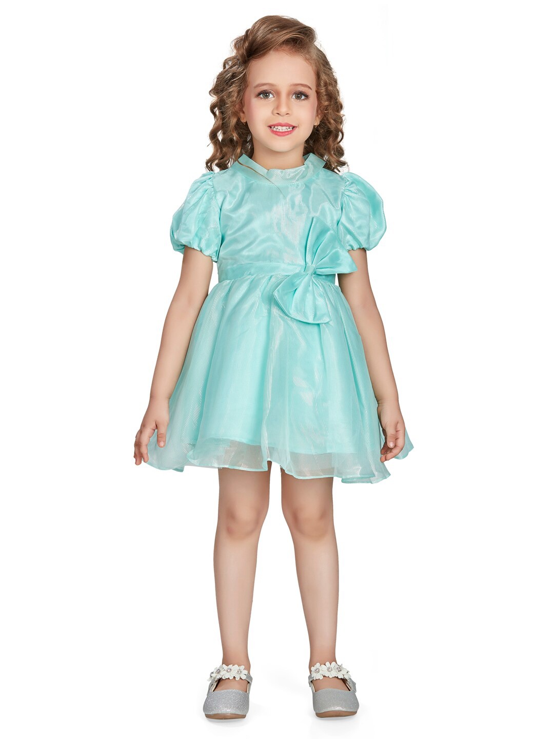 

Peppermint Girls Self Design High Neck Puff Sleeves Gathered Fit & Flare Dress, Green