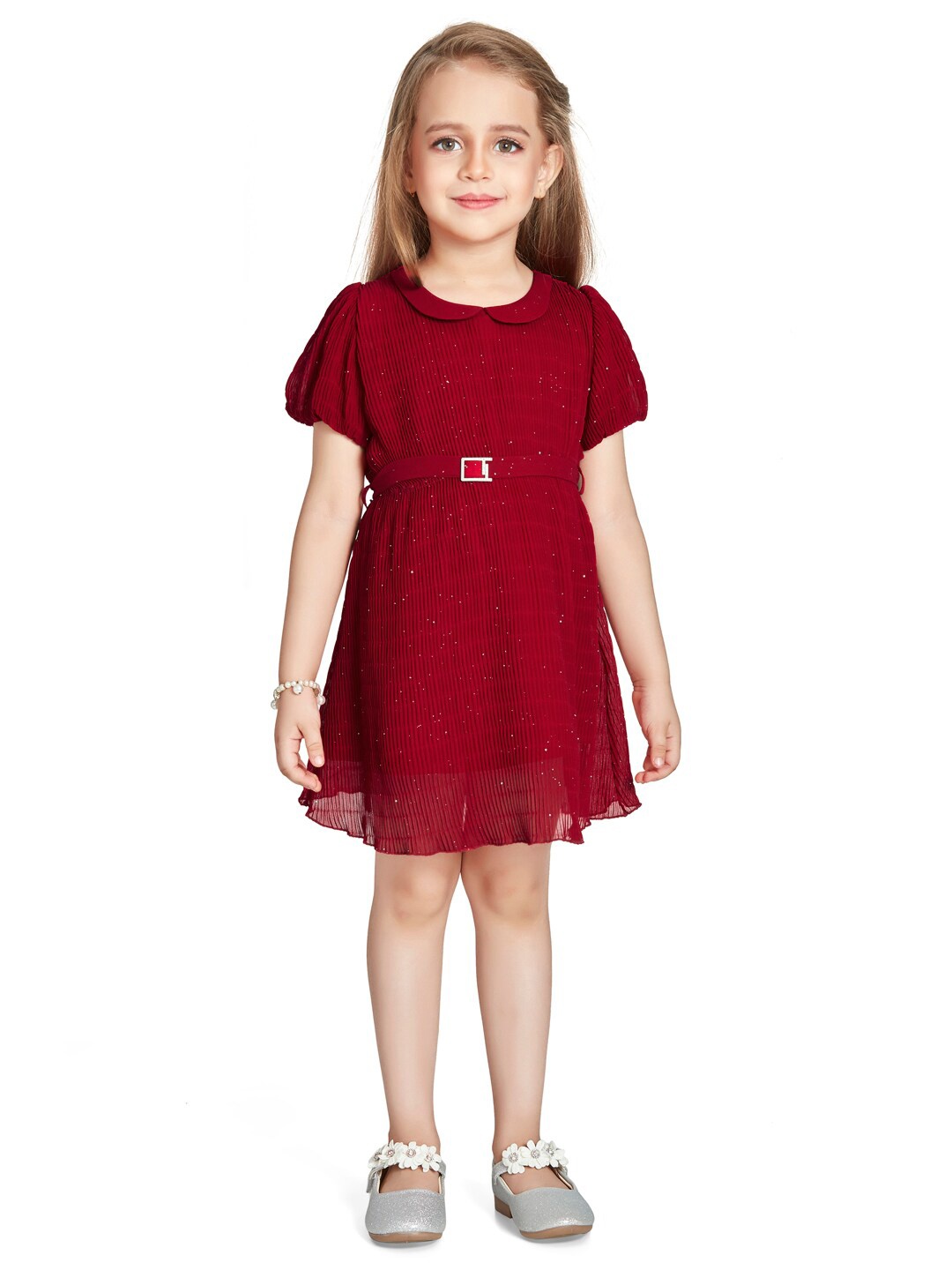 

Peppermint Girls Self Designed Puff Sleeves Fit & Flare Dress, Maroon