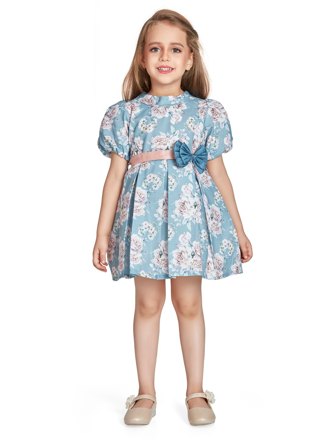 

Peppermint Girls Floral Printed Puff Sleeves Belted Detailed Fit & Flare Dress, Blue