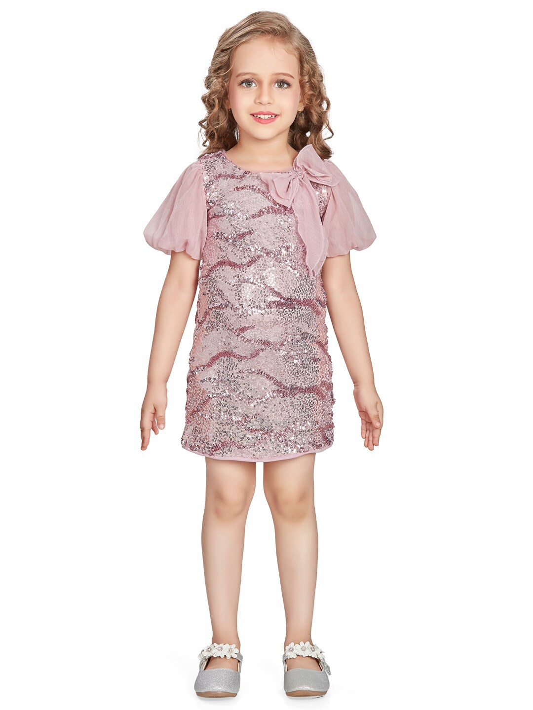 

Peppermint Girls Embellished Sequined Puff Sleeves A-Line Dress, Pink