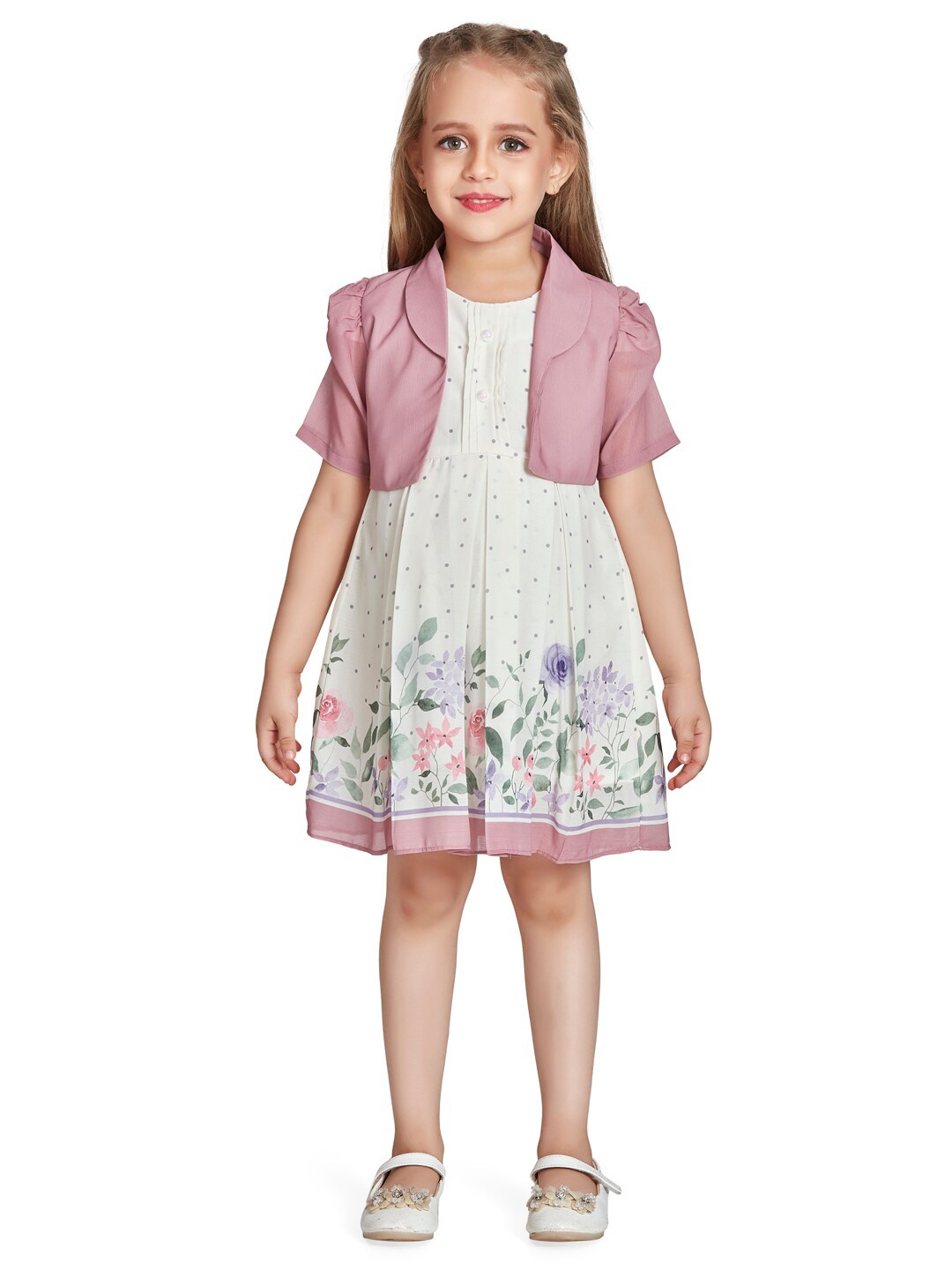 

Peppermint Girls Floral Printed Round Neck Gathered A-Line Dress With Jacket, Cream