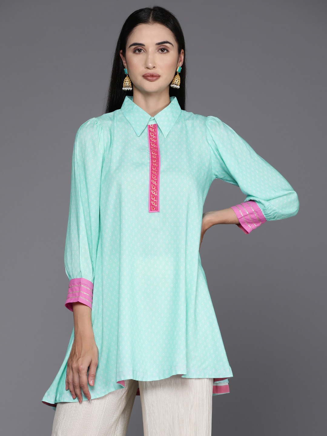 

Ahalyaa Shirt Collar Printed Ethnic Tunic, Turquoise blue