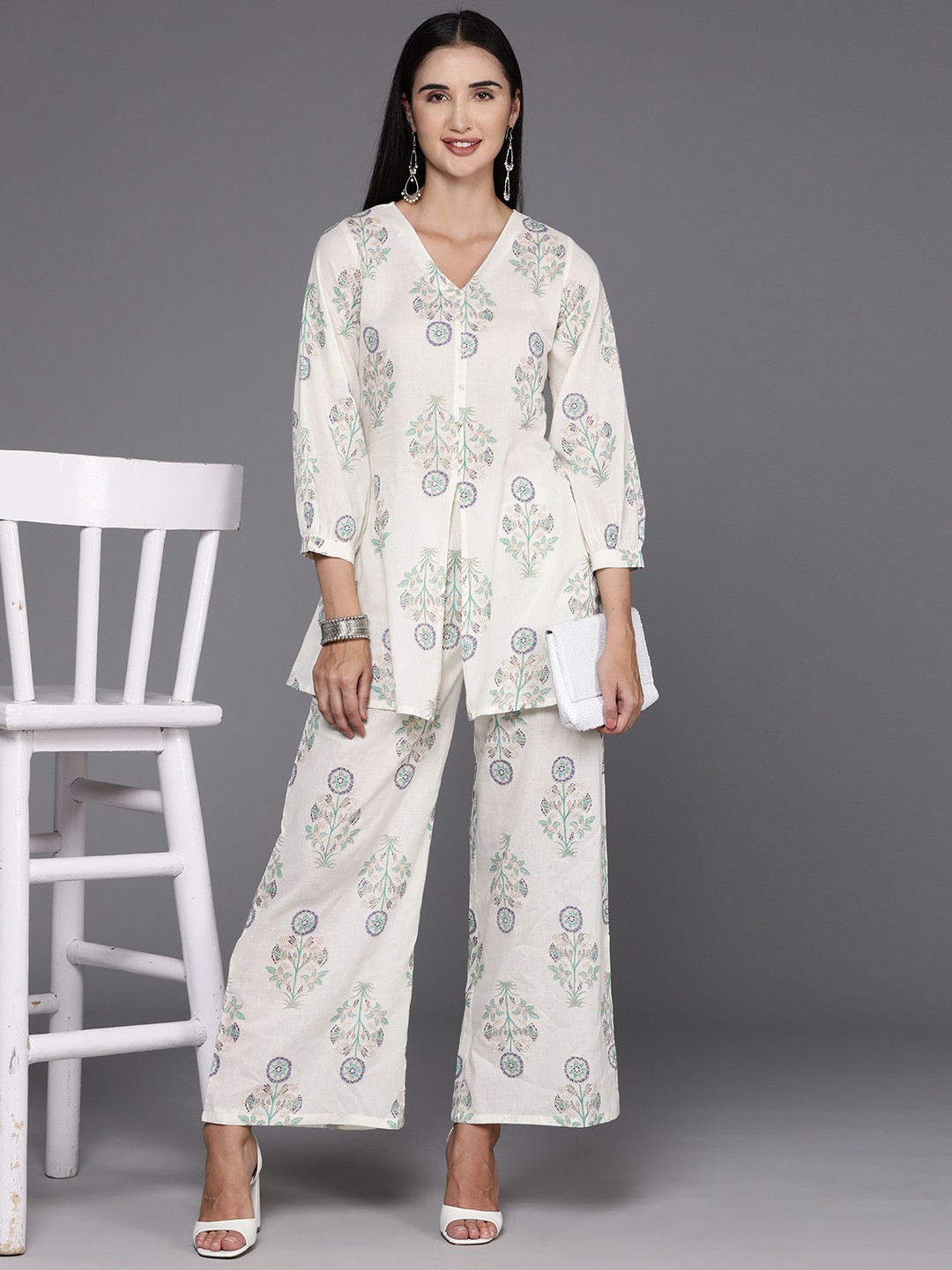

Ahalyaa Printed Pure Cotton Ethnic Tunic with Palazzos, Off white