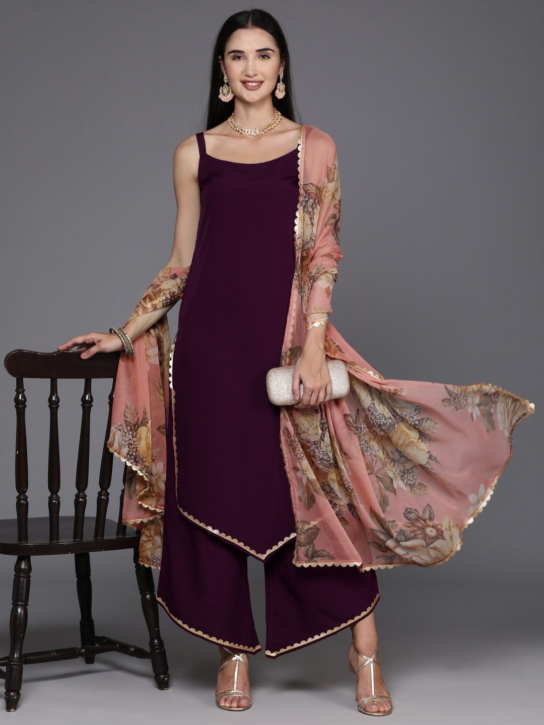 

Ahalyaa Regular Gotta Patti Kurta with Palazzos & Dupatta, Burgundy