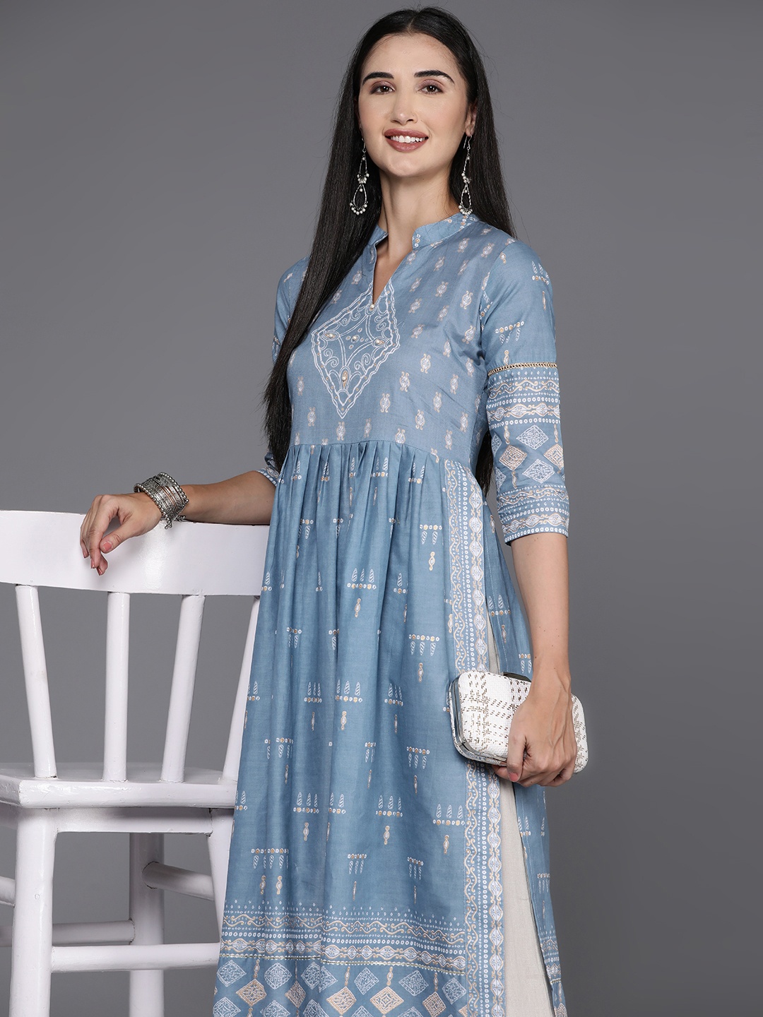 

Ahalyaa Ethnic Motifs Printed Beads & Stones Pure Cotton Kurta, Blue