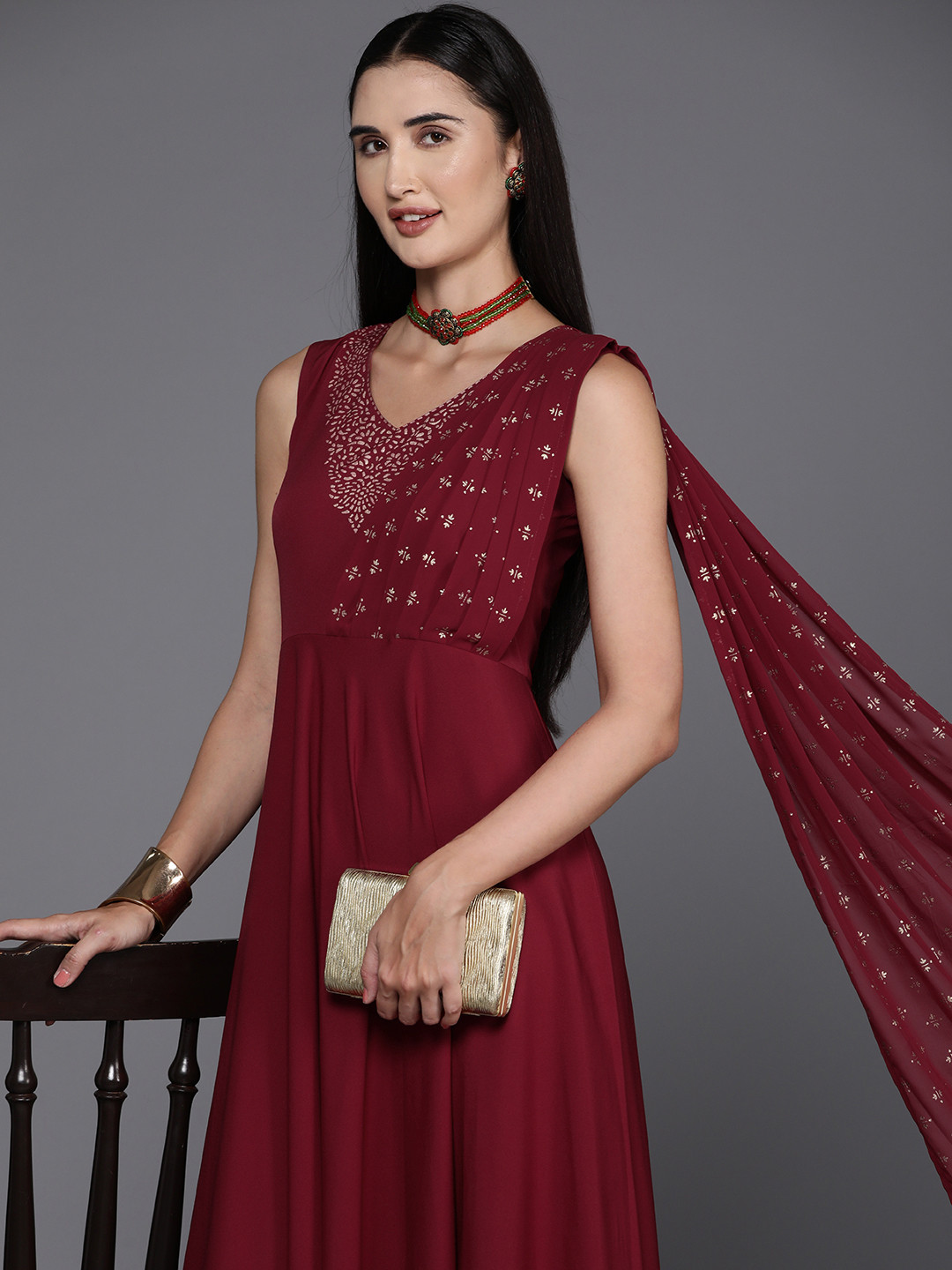 

Ahalyaa Ethnic Motifs Print A-Line Maxi Dress, Maroon