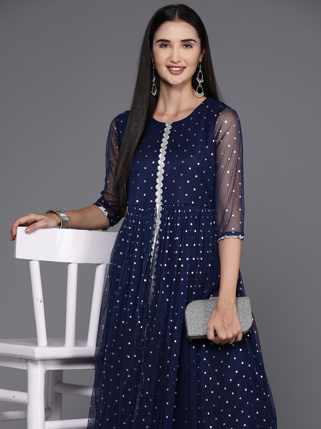 

Ahalyaa Navy Blue Polka Dot Print Net A-Line Maxi Dress