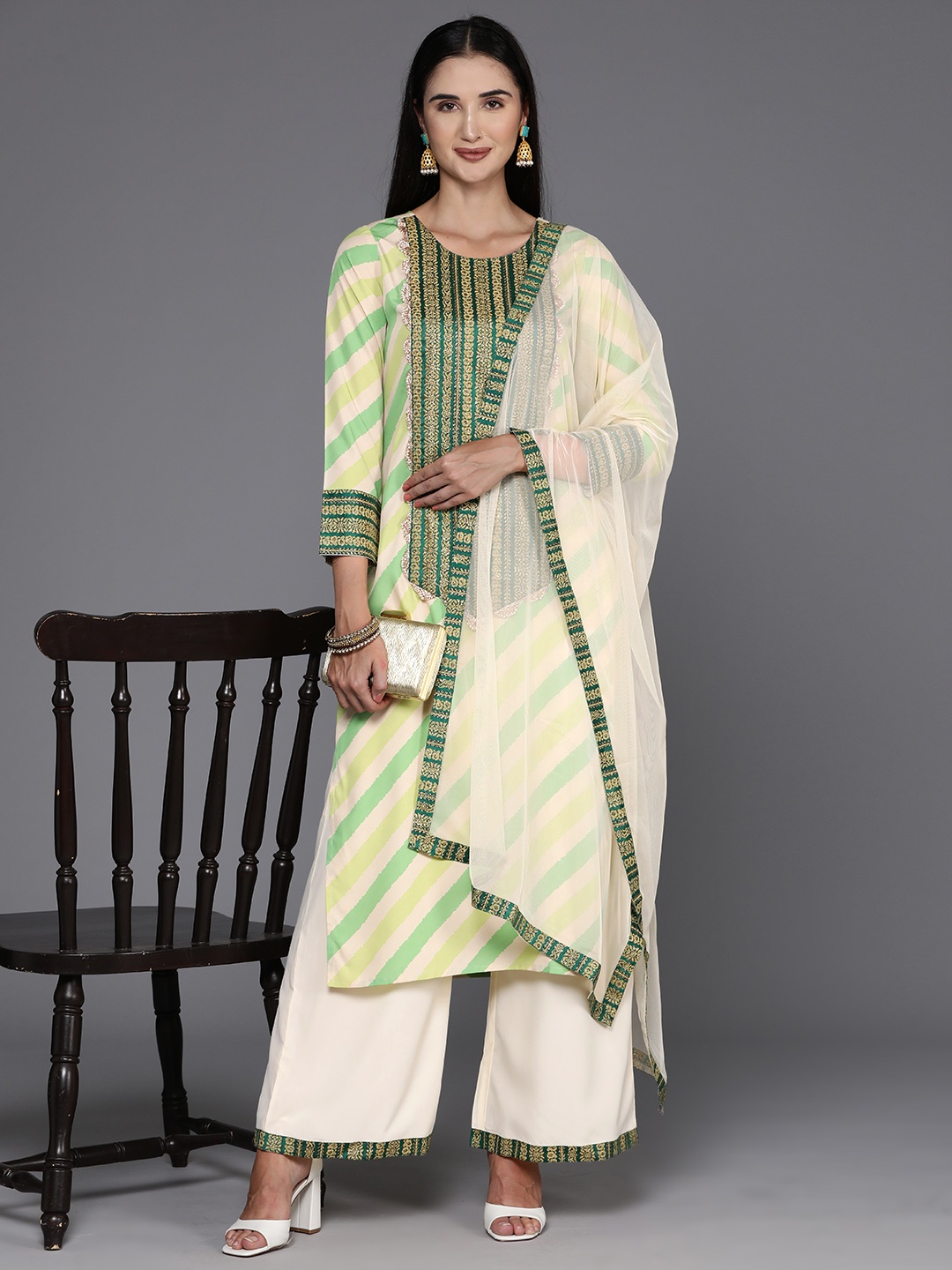 

Ahalyaa Leheriya Printed Beads & Stones Kurta with Palazzos & Dupatta, Off white