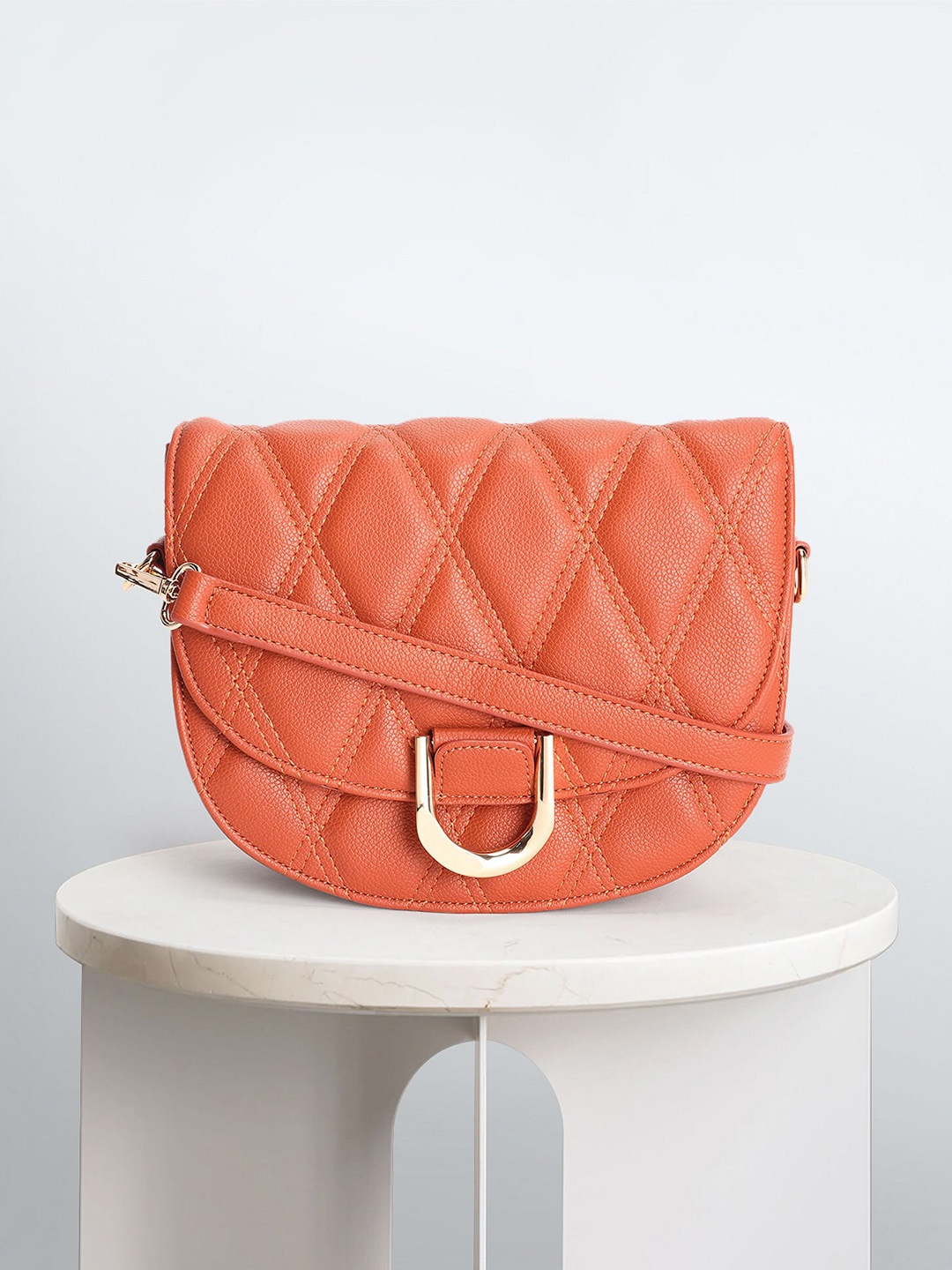 

U.S. Polo Assn. Women Geometric Textured Structured Sling Bag with Quilted Detail, Orange