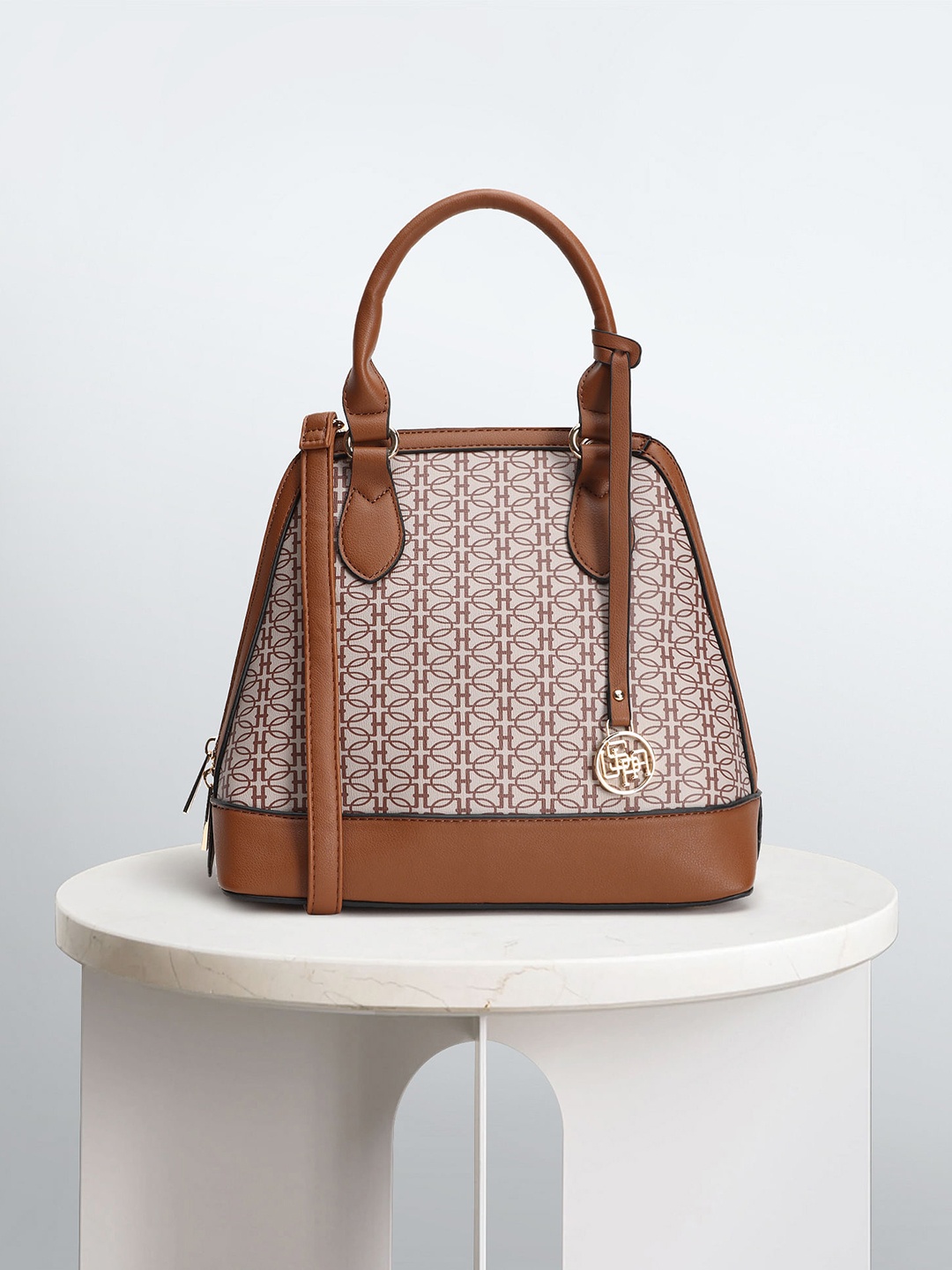 

U.S. Polo Assn. Women Geometric Print Structured Handheld Bag, Beige