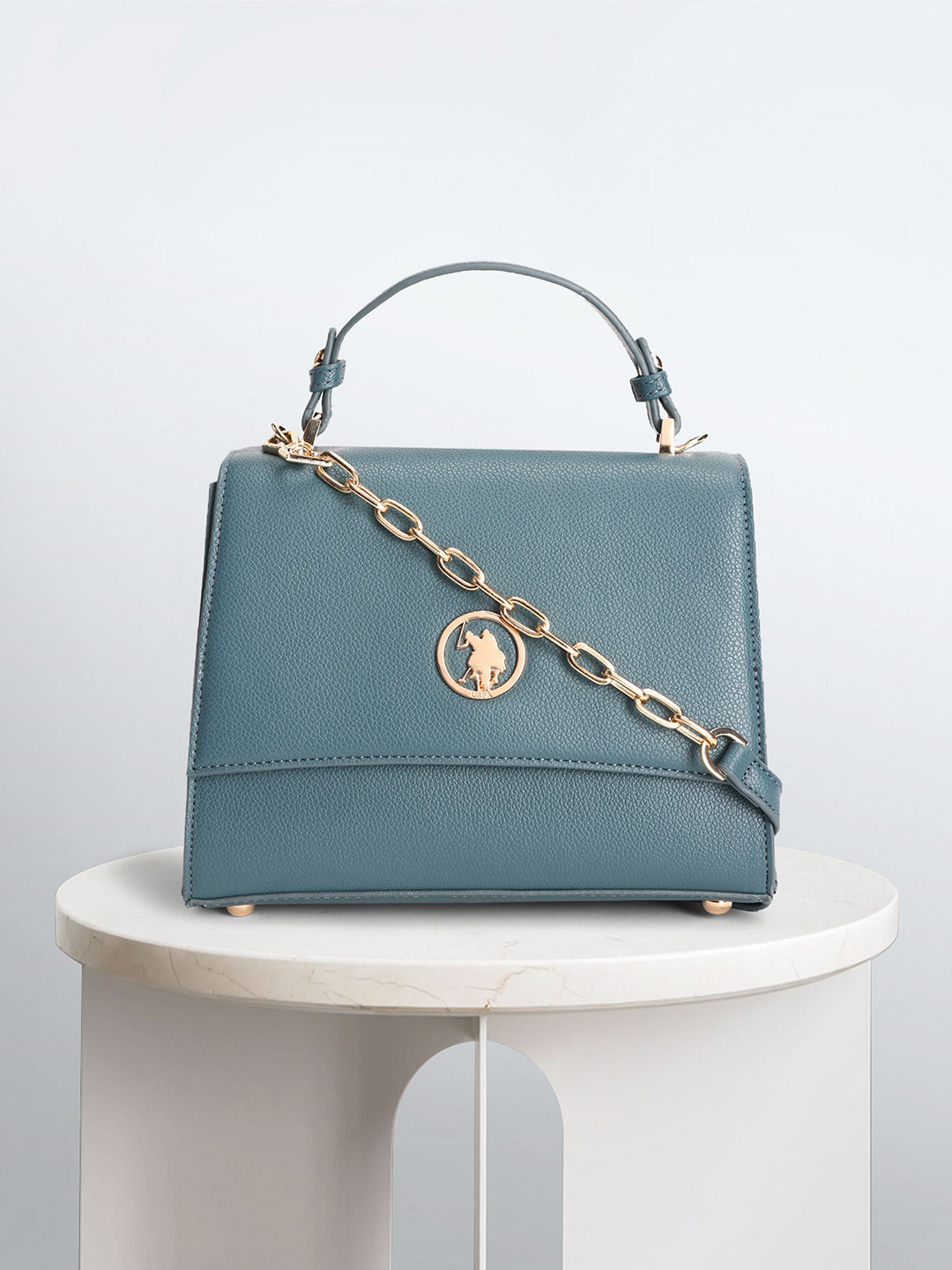 

U.S. Polo Assn. Women Textured Structured Satchel Bag, Blue