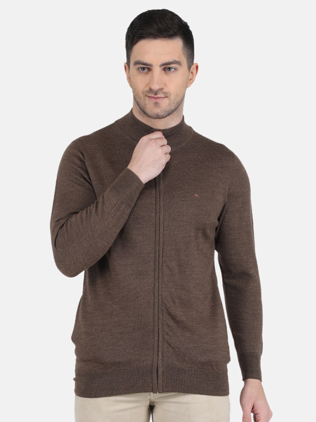 

Monte Carlo Mock Collar Pure Woolen Front Open Sweater, Brown