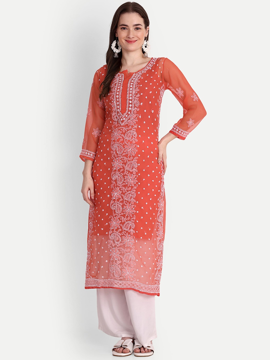

Indiankala4u Ethnic Motifs Embroidered Chikankari Georgrtte Straight Kurta, Red