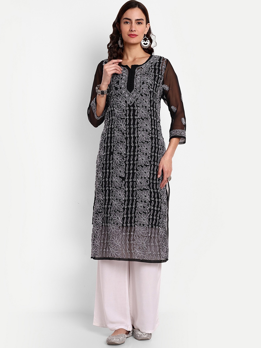 

Indiankala4u Ethnic Motifs Embroidered Chikankari Georgrtte Straight Kurta, Black