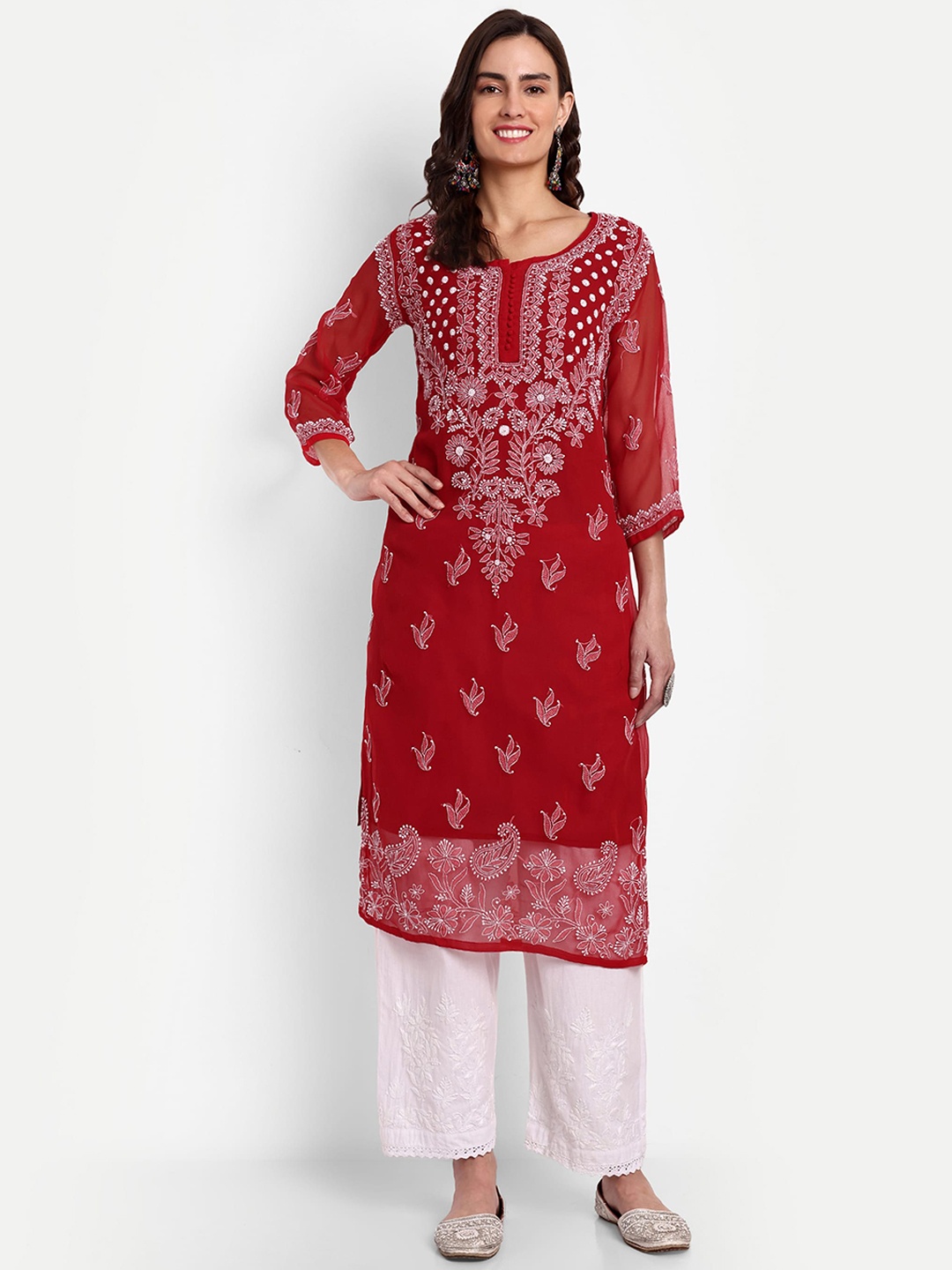 

Indiankala4u Ethnic Motifs Embroidered Chikankari Georgrtte Straight Kurta, Maroon