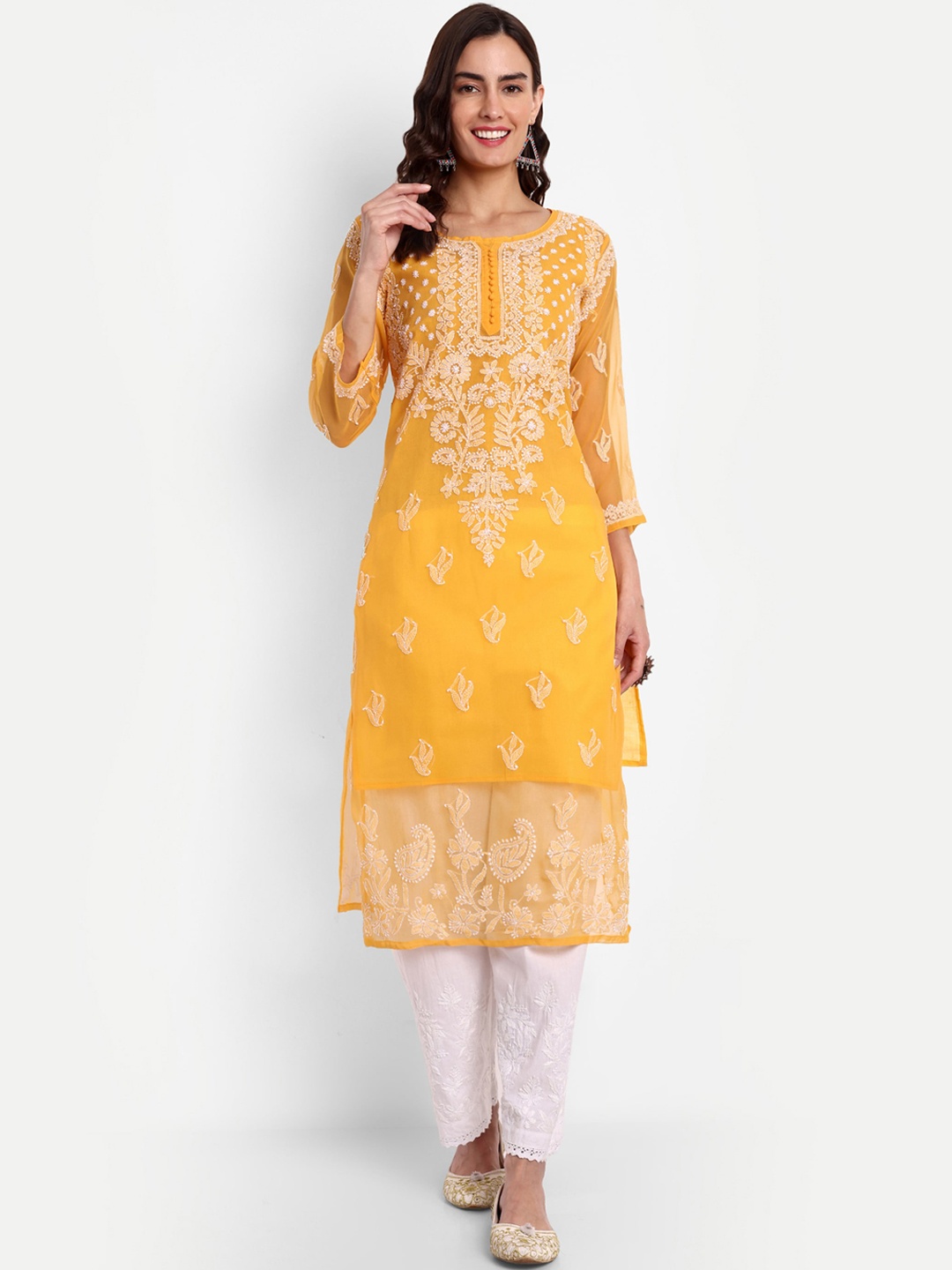 

Indiankala4u Floral Embroidered Chikankari Straight Kurta, Mustard