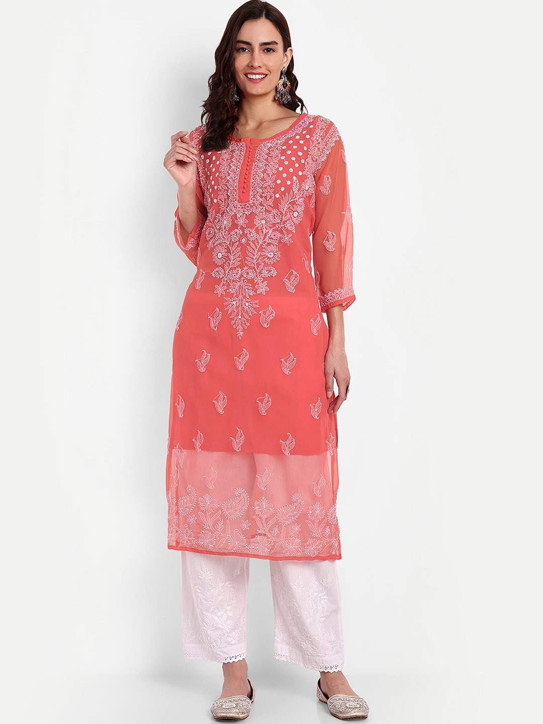 Indiankala4u Floral Embroidered Chikankari Straight Kurta, Red
