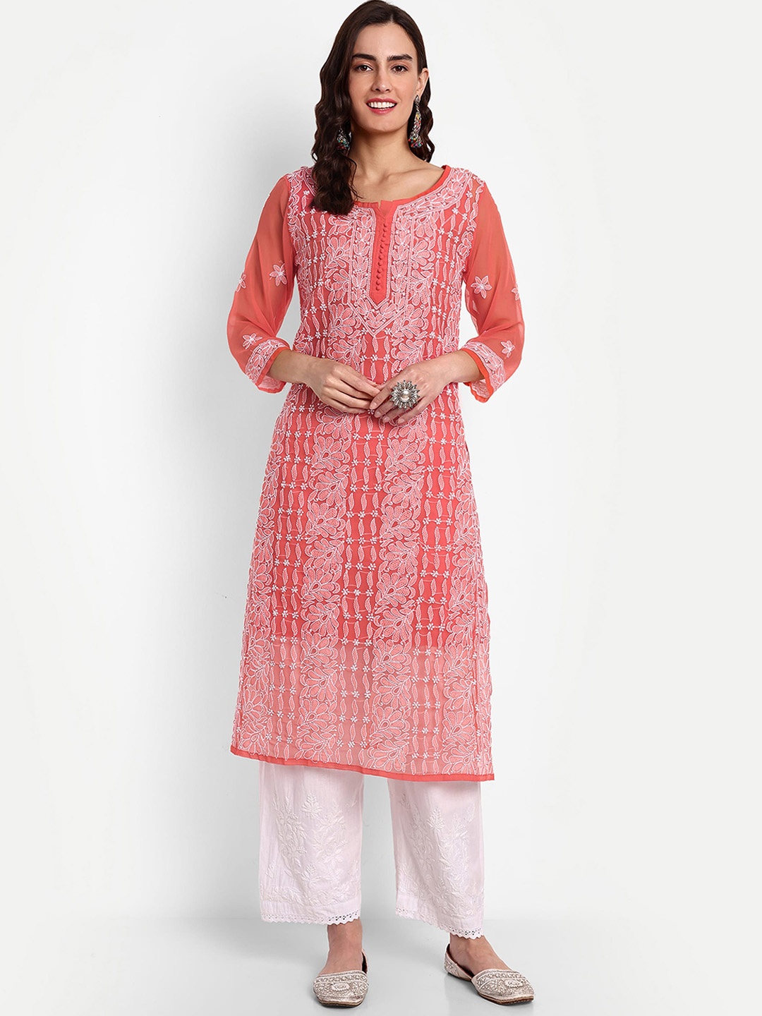 

Indiankala4u Floral Embroidered Chikankari Straight Kurta, Red