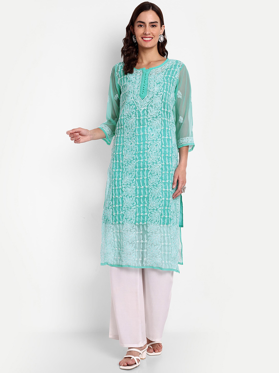 

Indiankala4u Floral Embroidered Chikankari Straight Kurta, Blue