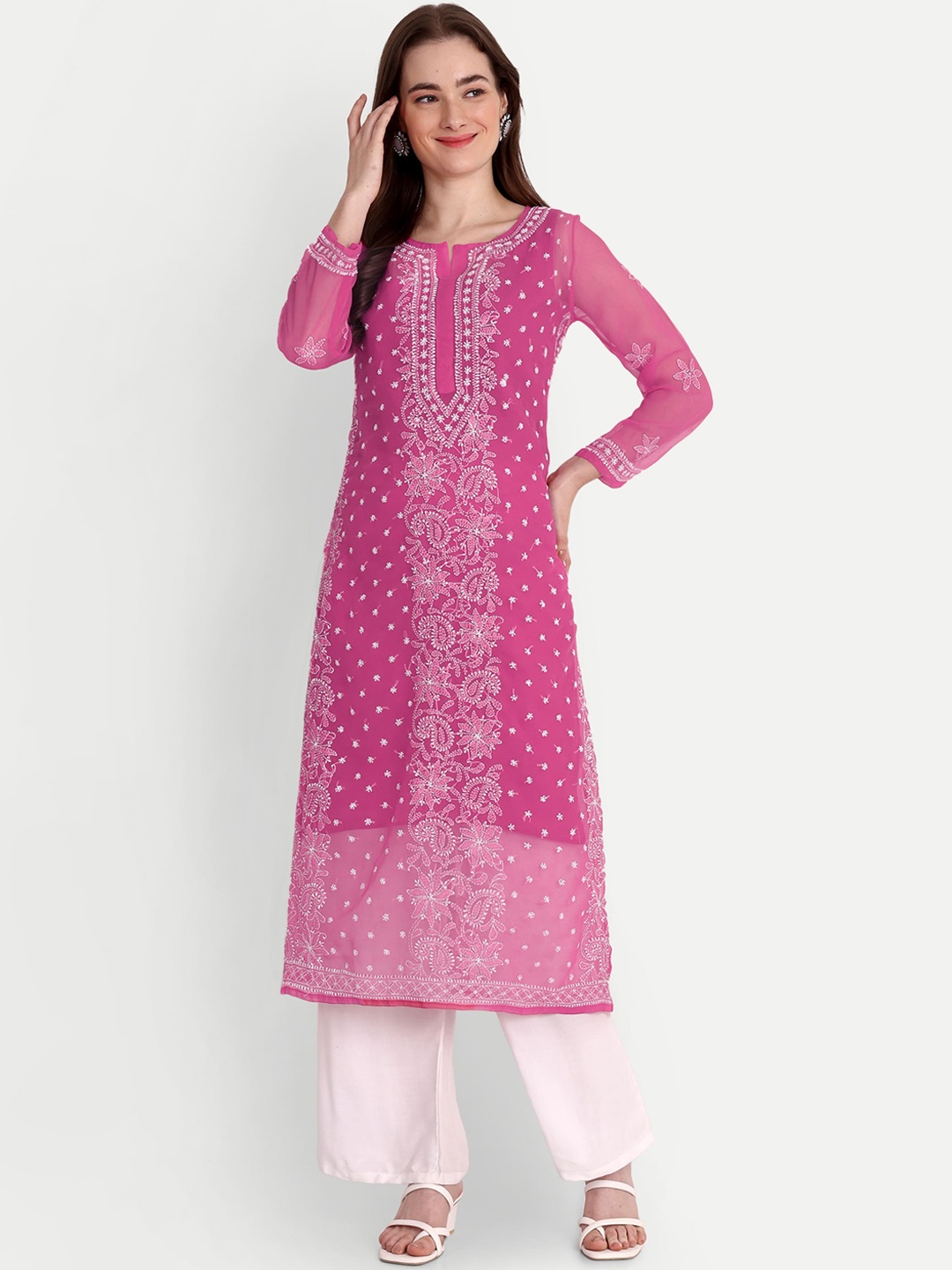 

Indiankala4u Floral Embroidered Chikankari Straight Kurta, Pink
