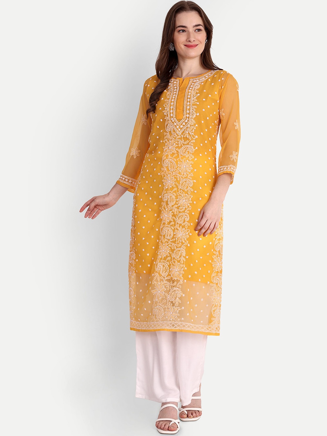 

Indiankala4u Floral Embroidered Chikankari Straight Kurta, Mustard