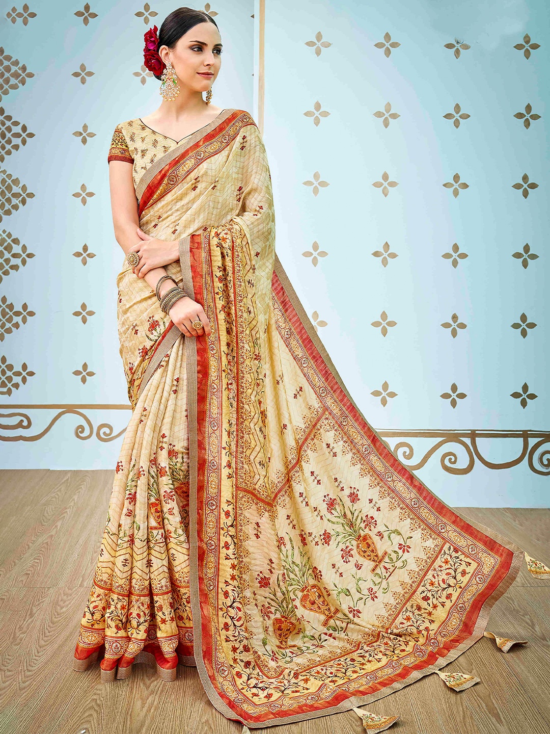 

SAPTRANGI Ethnic Motifs Printed Sequinned Saree, Brown