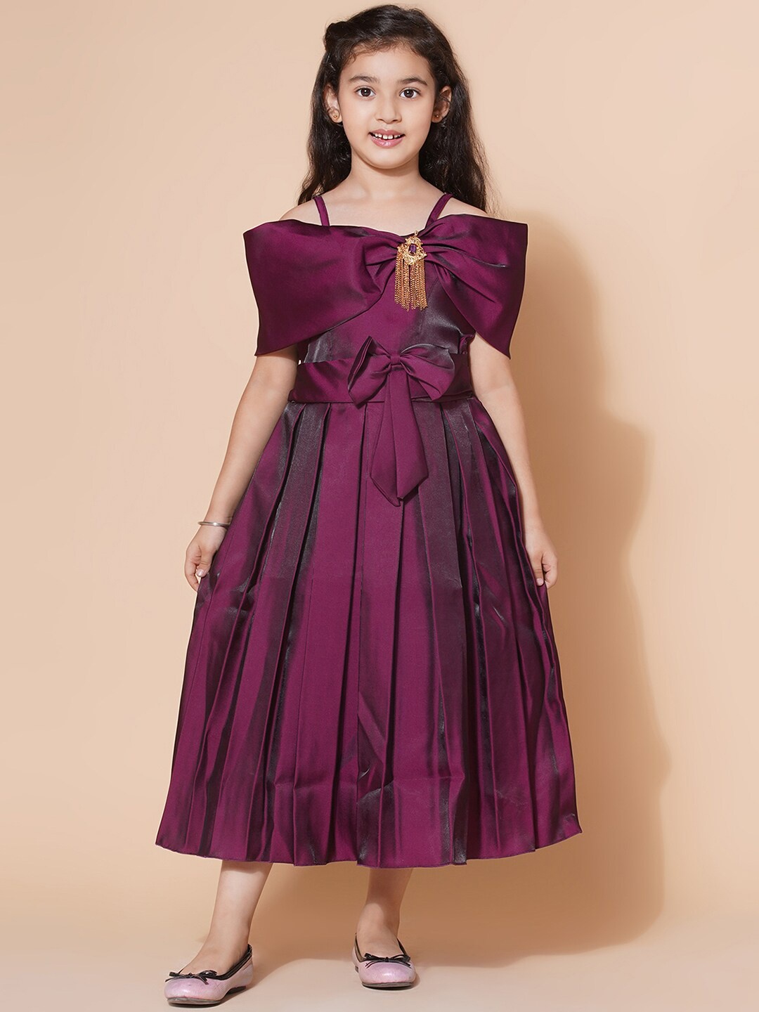 

Aj DEZInES Girls Off-Shoulder Flared Sleeve Bow Fit & Flare Maxi Dress, Purple