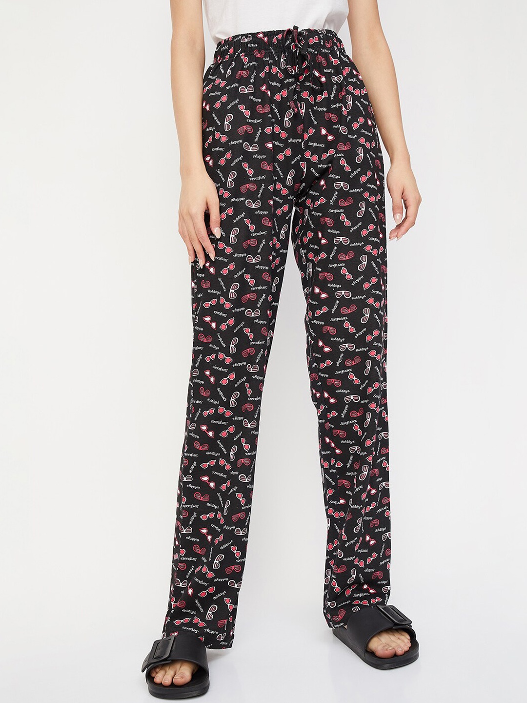 

max Women Conversational Printed High-Rise Pure Cotton Lounge Pants, Black
