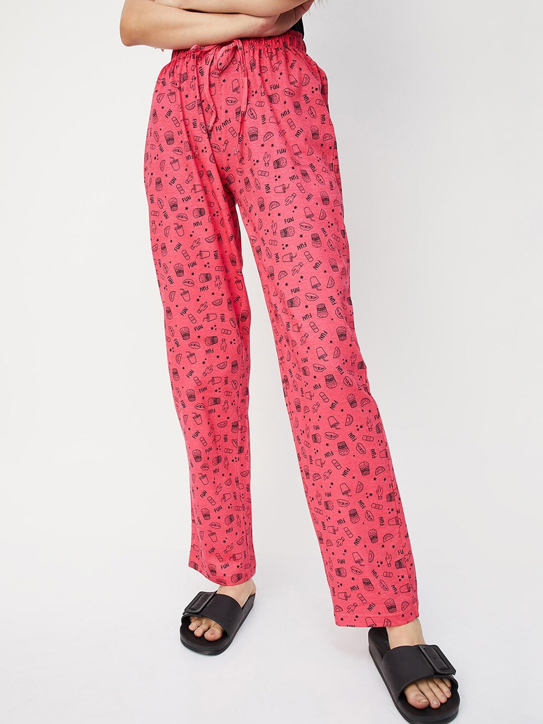 

max Women Conversational Printed High-Rise Pure Cotton Lounge Pants, Pink
